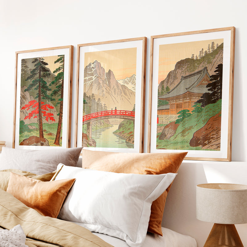 Alpine Shrine japandi wall Art with Red Bridge- Natural Wood Framed Poster with White Border - Artworksets