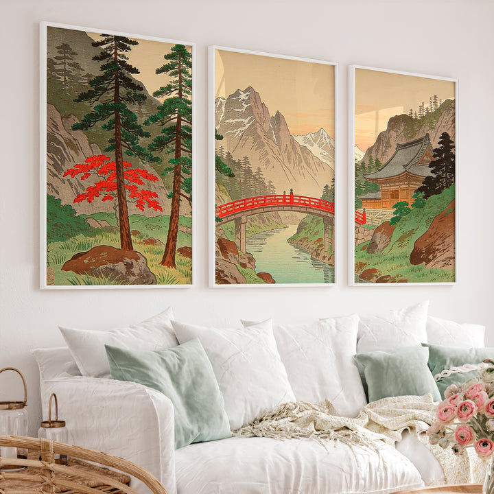 Alpine Shrine japandi wall Art with Red Bridge - White Framed Poster No Border - Artworksets