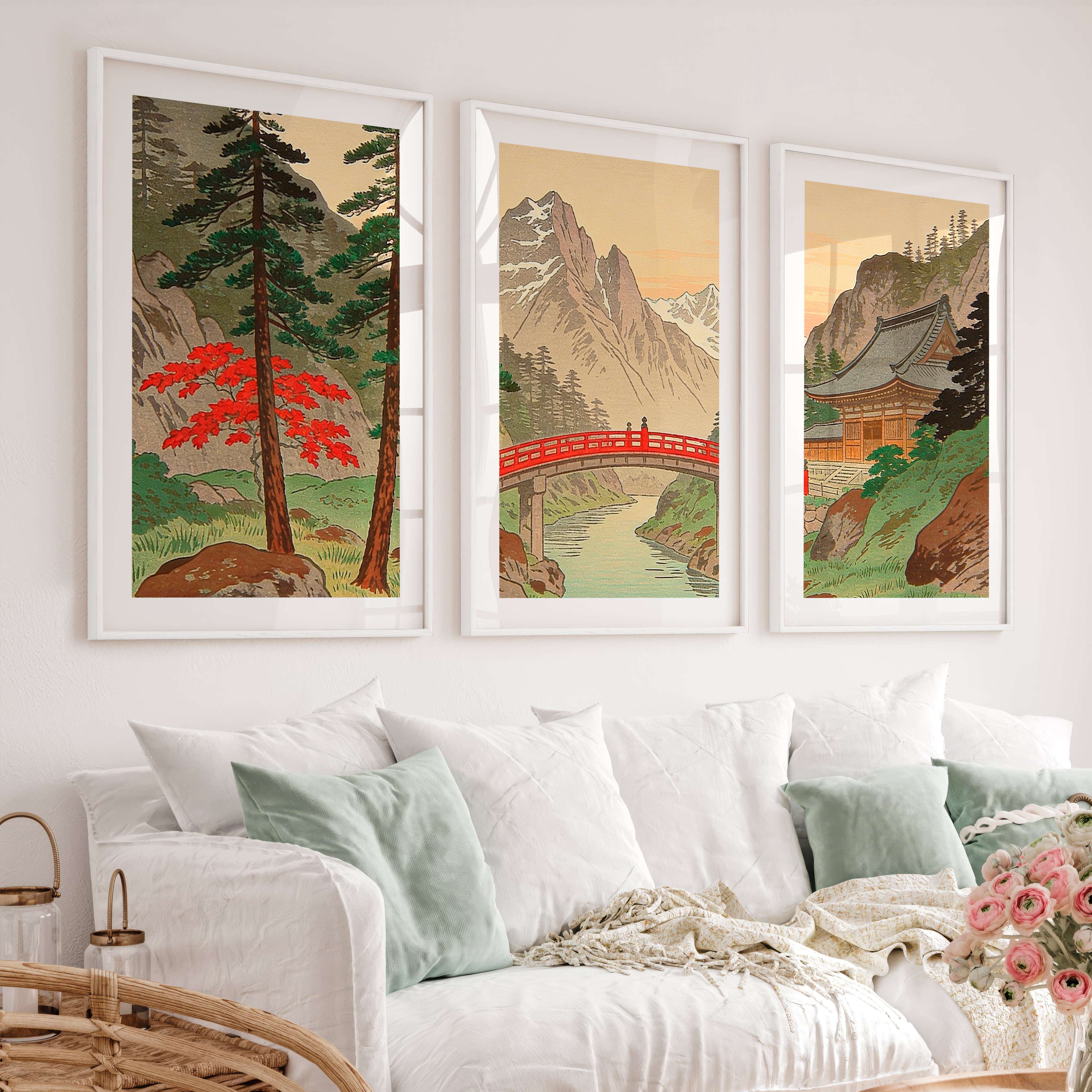 Alpine Shrine japandi wall Art with Red Bridge - White Framed Poster with White Border - Artworksets