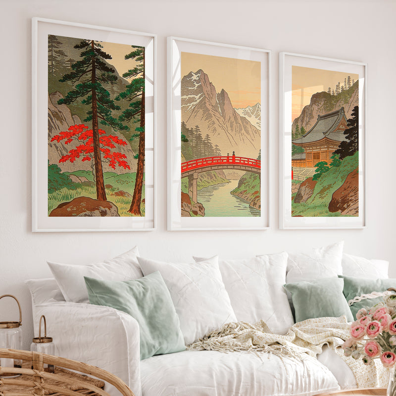 Alpine Shrine japandi wall Art with Red Bridge - White Framed Poster with White Border - Artworksets