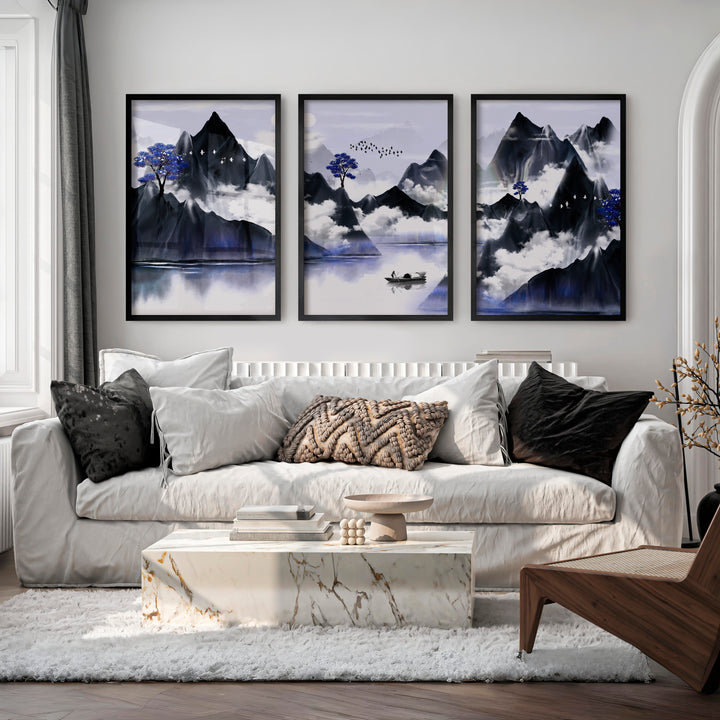 Japanese Abstract Art Featuring Abstract Hills and Moons Set - Black Framed Poster No Border - Artworksets