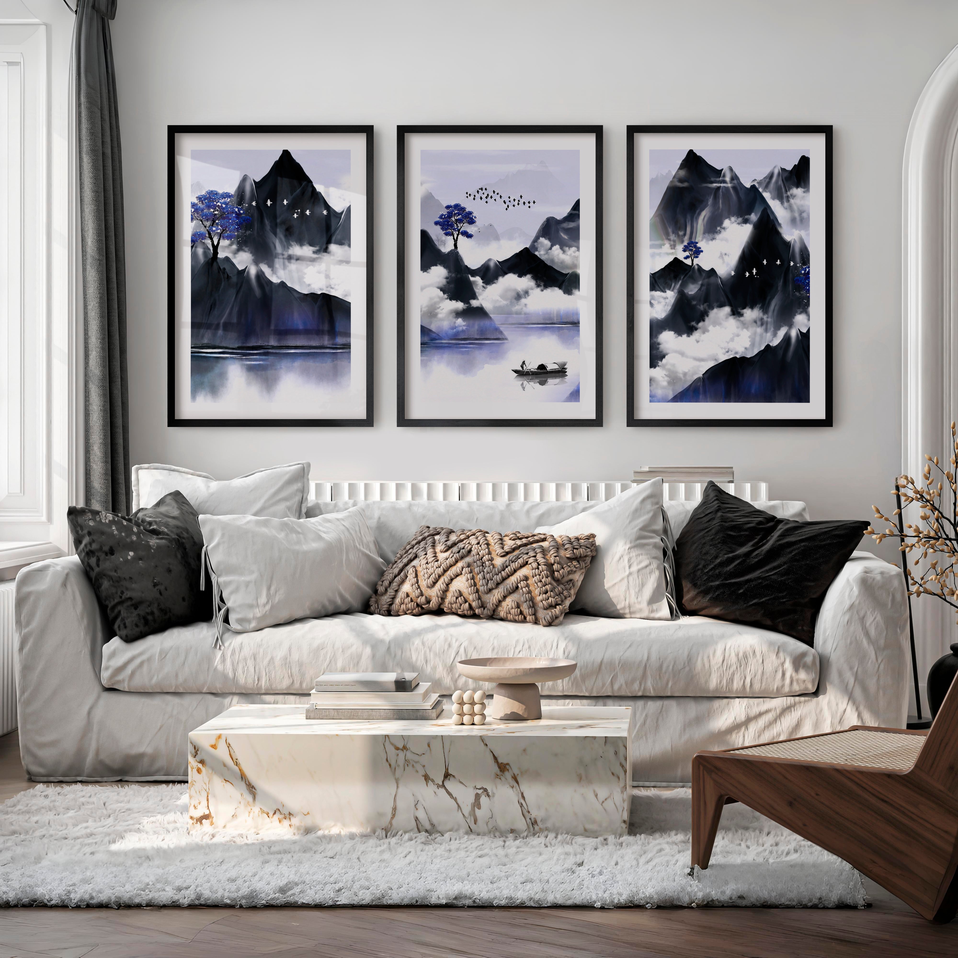 Japanese Abstract Art Featuring Abstract Hills and Moons Set - Black Framed Poster with White Border - Artworksets