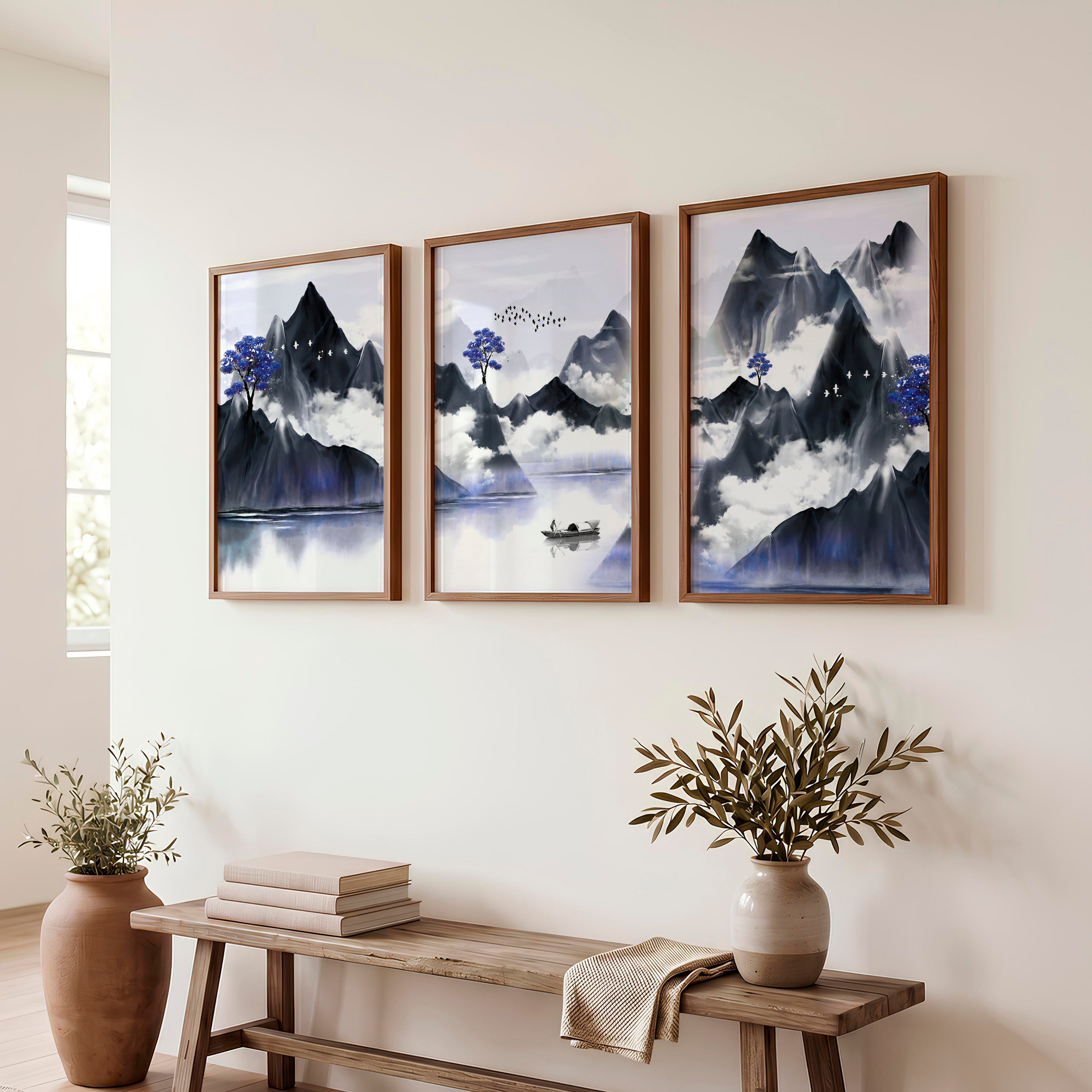 Japanese Abstract Art Featuring Abstract Hills and Moons Set - Dark Brown Framed Poster No Border - Artworksets