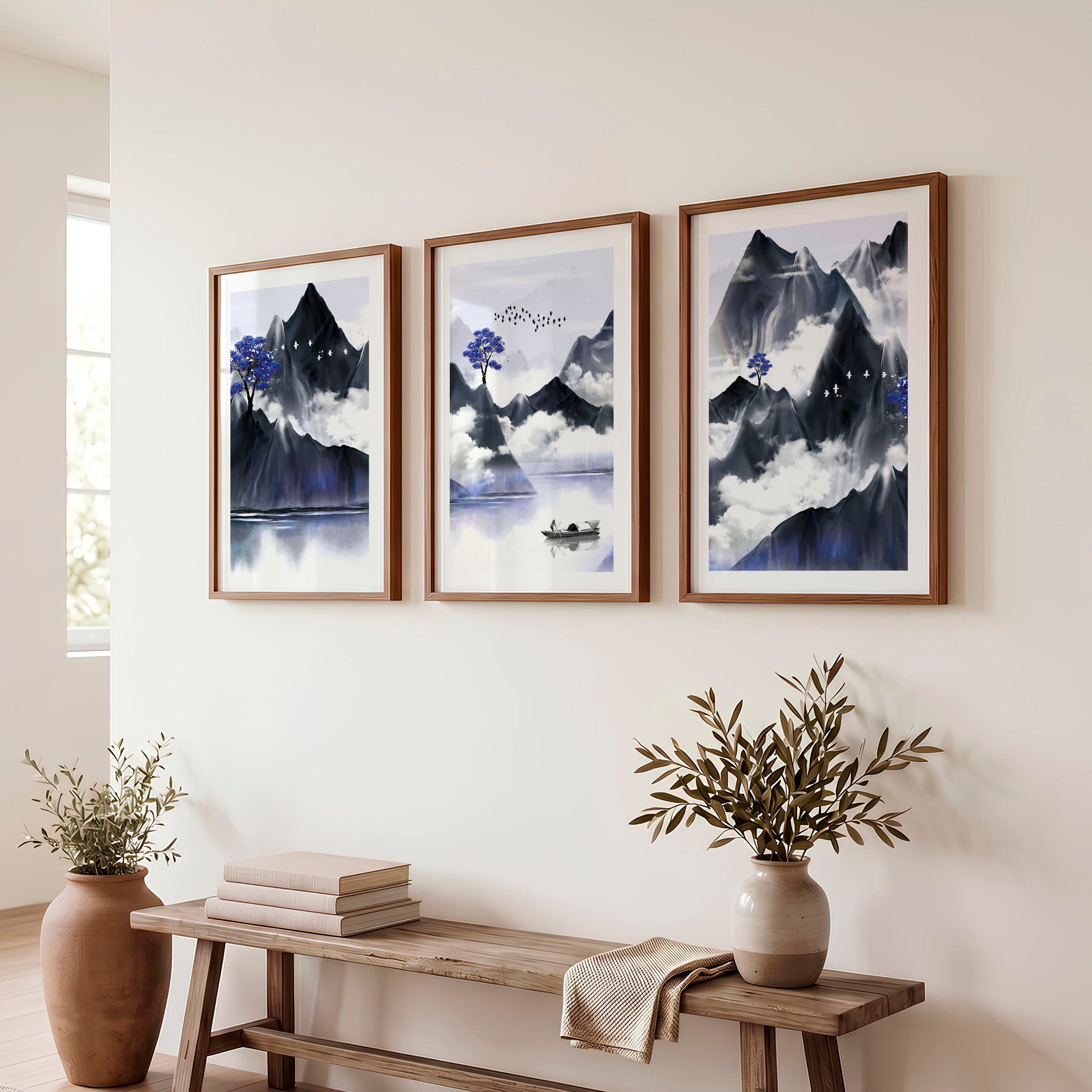 Japanese Abstract Art Featuring Abstract Hills and Moons Set - Dark Brown Framed Poster with White Border - Artworksets
