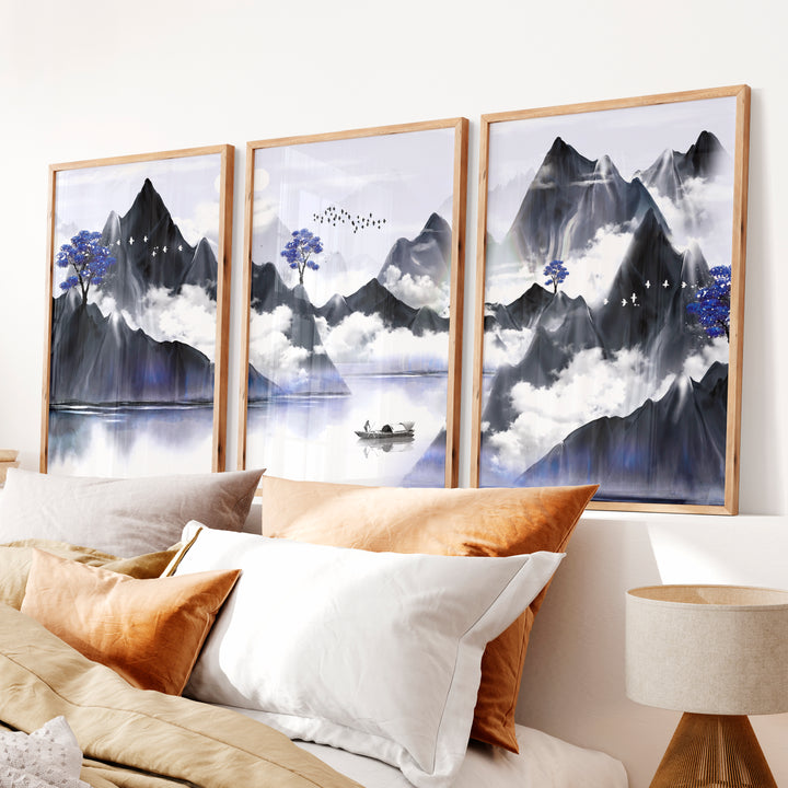 Japanese Abstract Art Featuring Abstract Hills and Moons Set - Natural Wood Framed Poster No Border - Artworksets