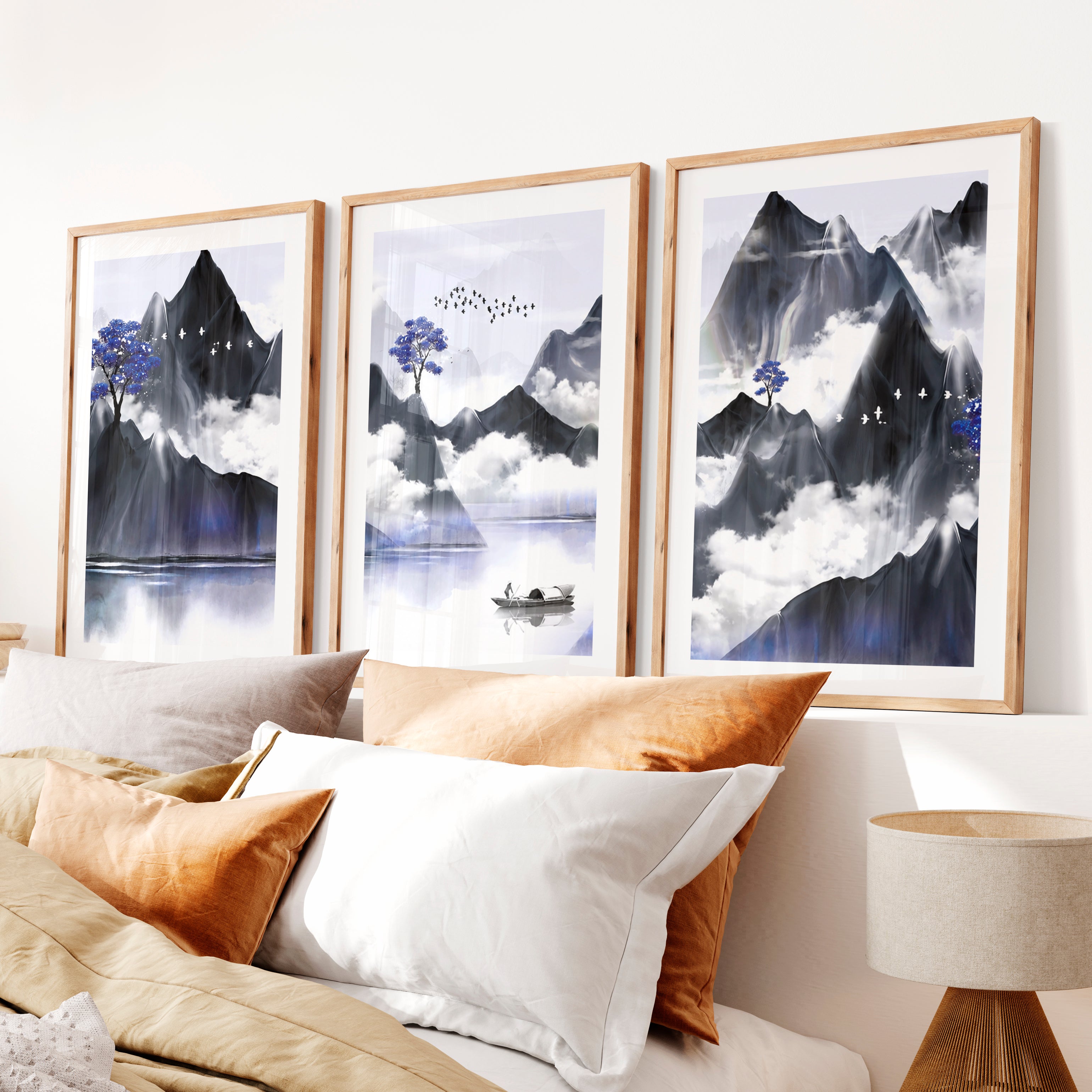 Japanese Abstract Art Featuring Abstract Hills and Moons Set- Natural Wood Framed Poster with White Border - Artworksets