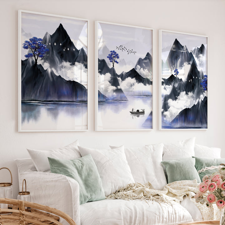 Japanese Abstract Art Featuring Abstract Hills and Moons Set - White Framed Poster No Border - Artworksets