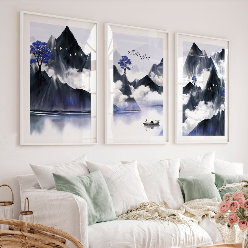 Japanese Abstract Art Featuring Abstract Hills and Moons Set - White Framed Poster with White Border - Artworksets