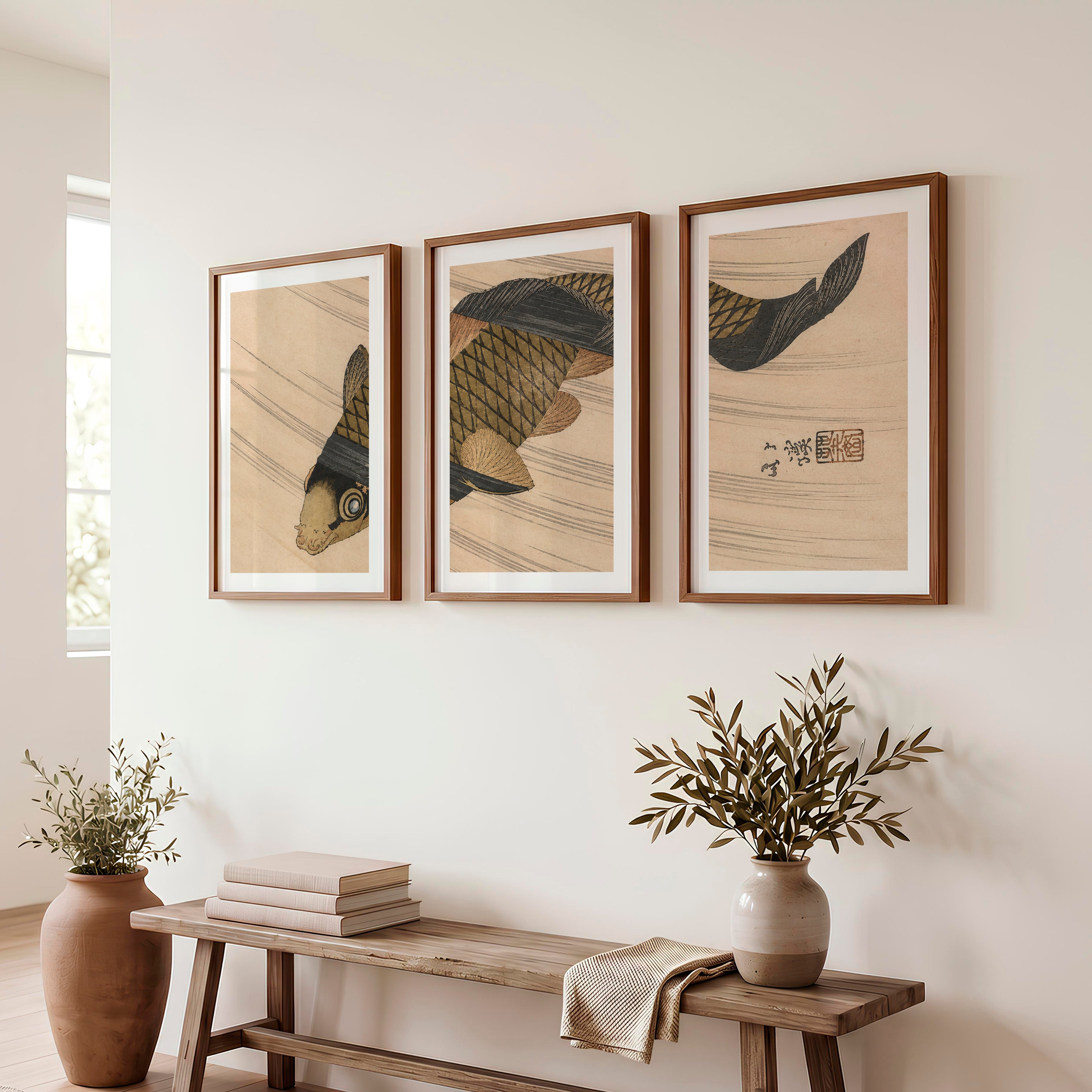 Japanese Abstract Art Featuring Textured Geometric Blocks - Dark Brown Framed Poster with White Border - Artworksets