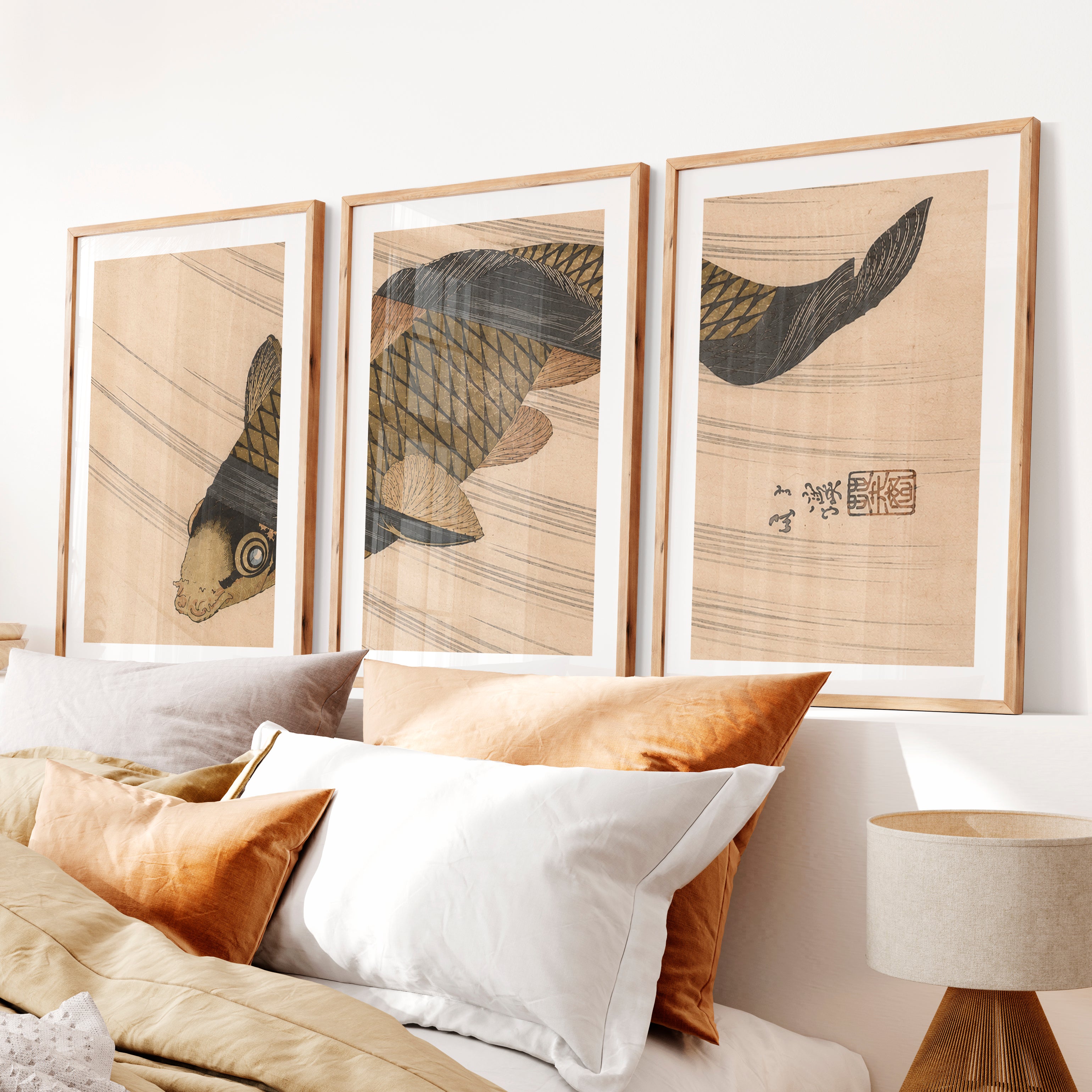 Japanese Abstract Art Featuring Textured Geometric Blocks- Natural Wood Framed Poster with White Border - Artworksets