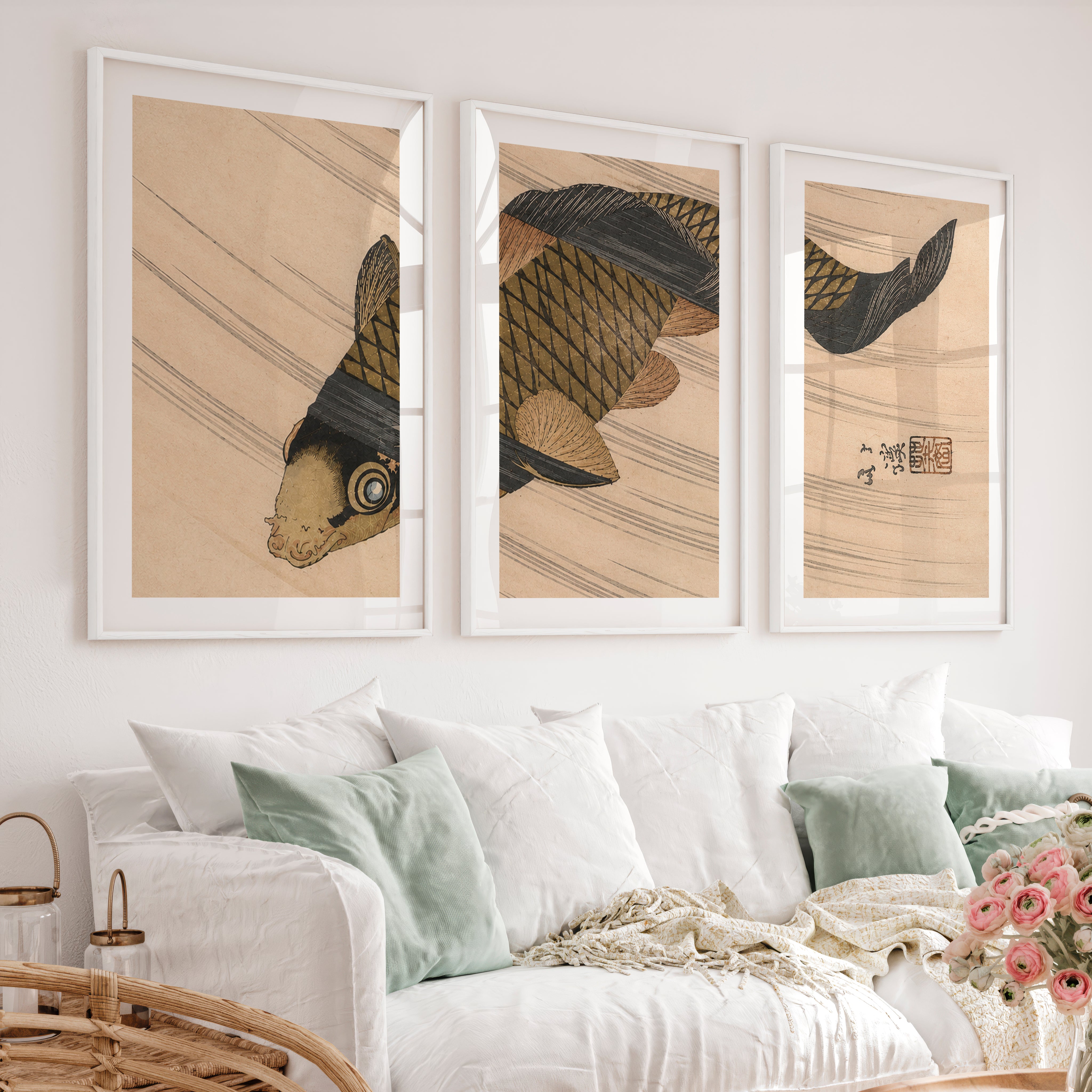 Japanese Abstract Art Featuring Textured Geometric Blocks - White Framed Poster with White Border - Artworksets