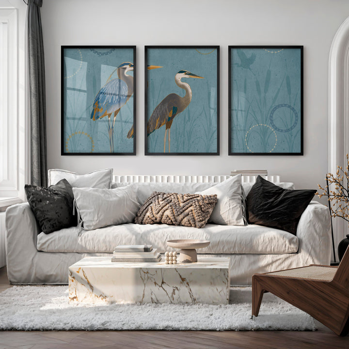 Japanese abstract art featuring flowing green waves triptych - Black Framed Poster No Border - Artworksets