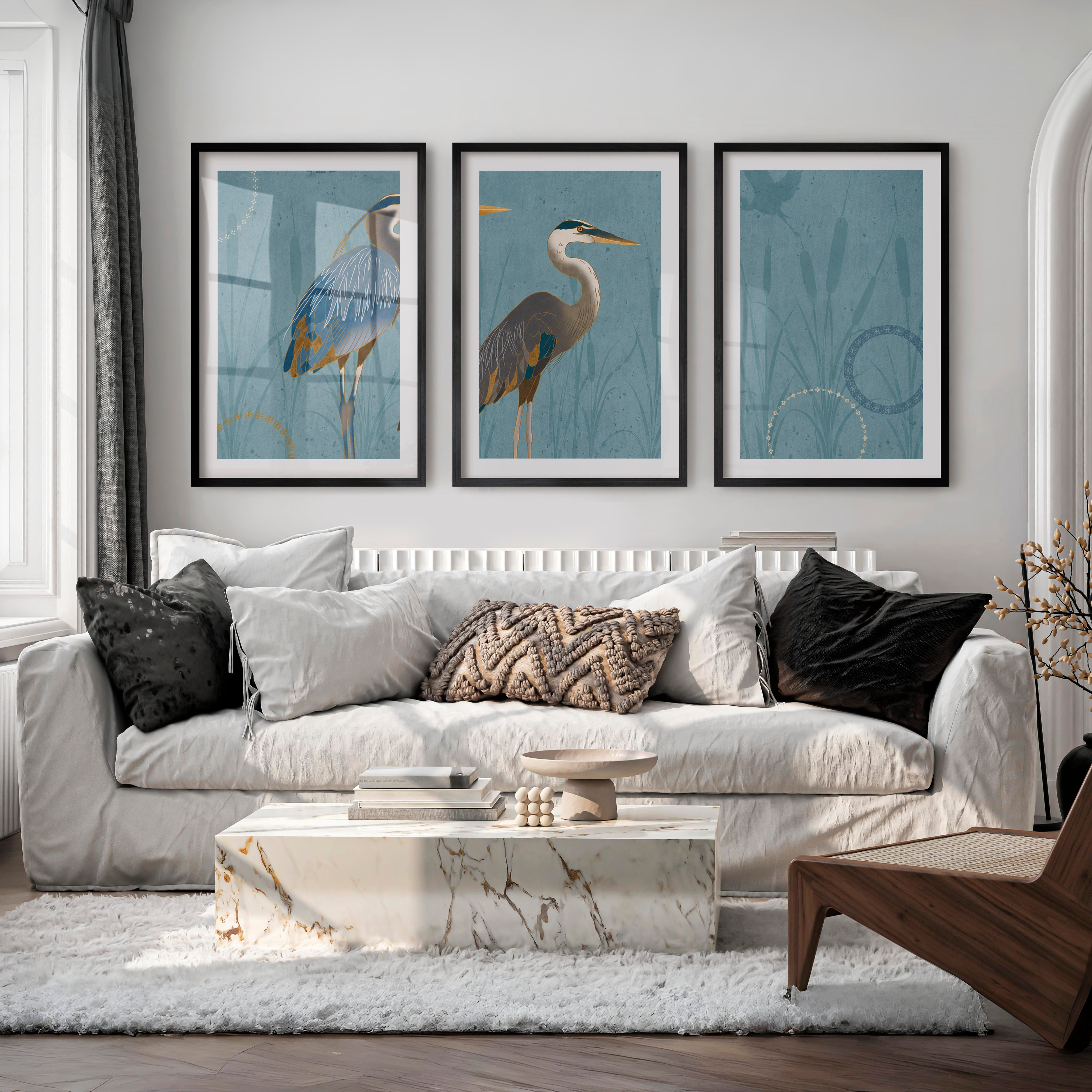 Japanese abstract art featuring flowing green waves triptych - Black Framed Poster with White Border - Artworksets