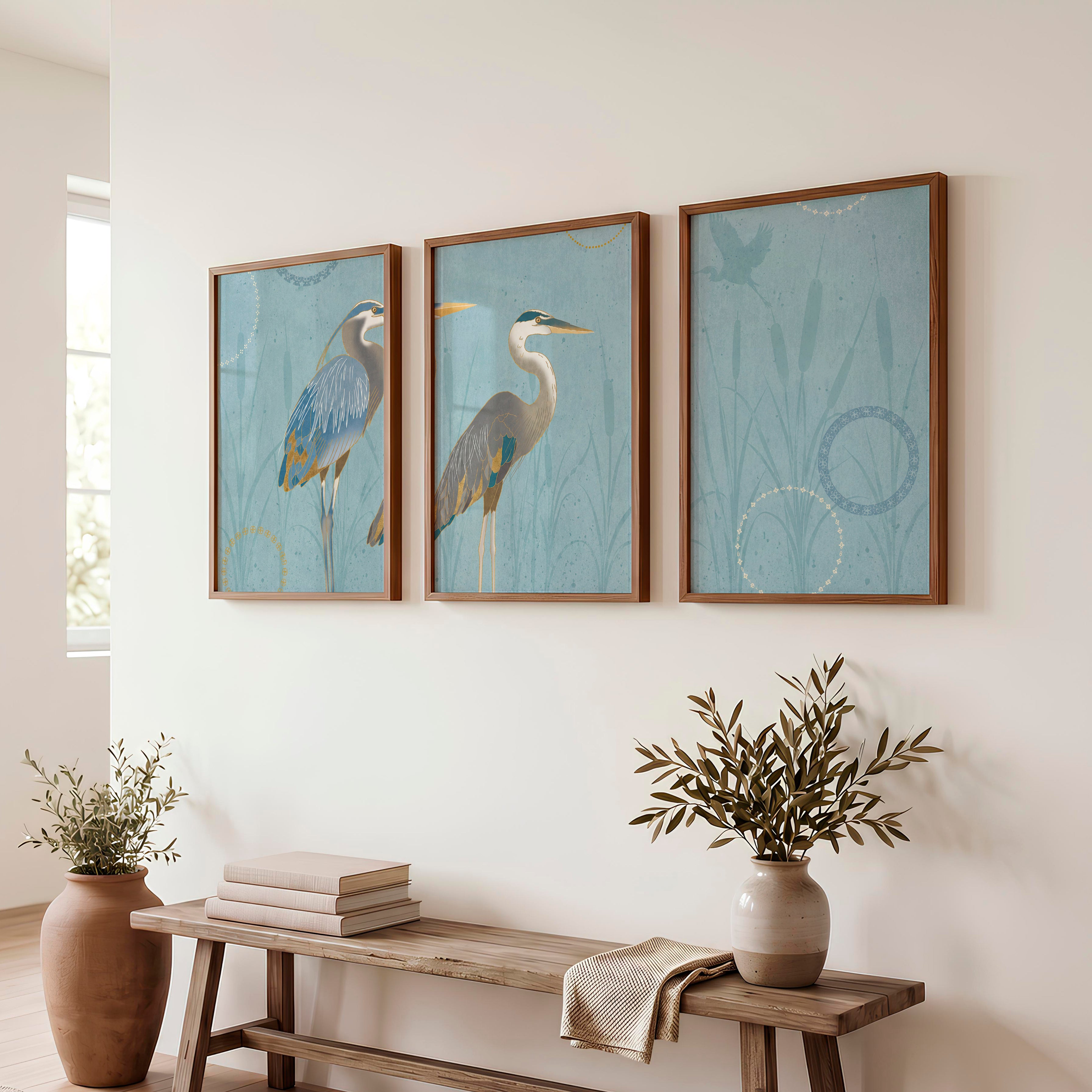 Japanese abstract art featuring flowing green waves triptych - Dark Brown Framed Poster No Border - Artworksets