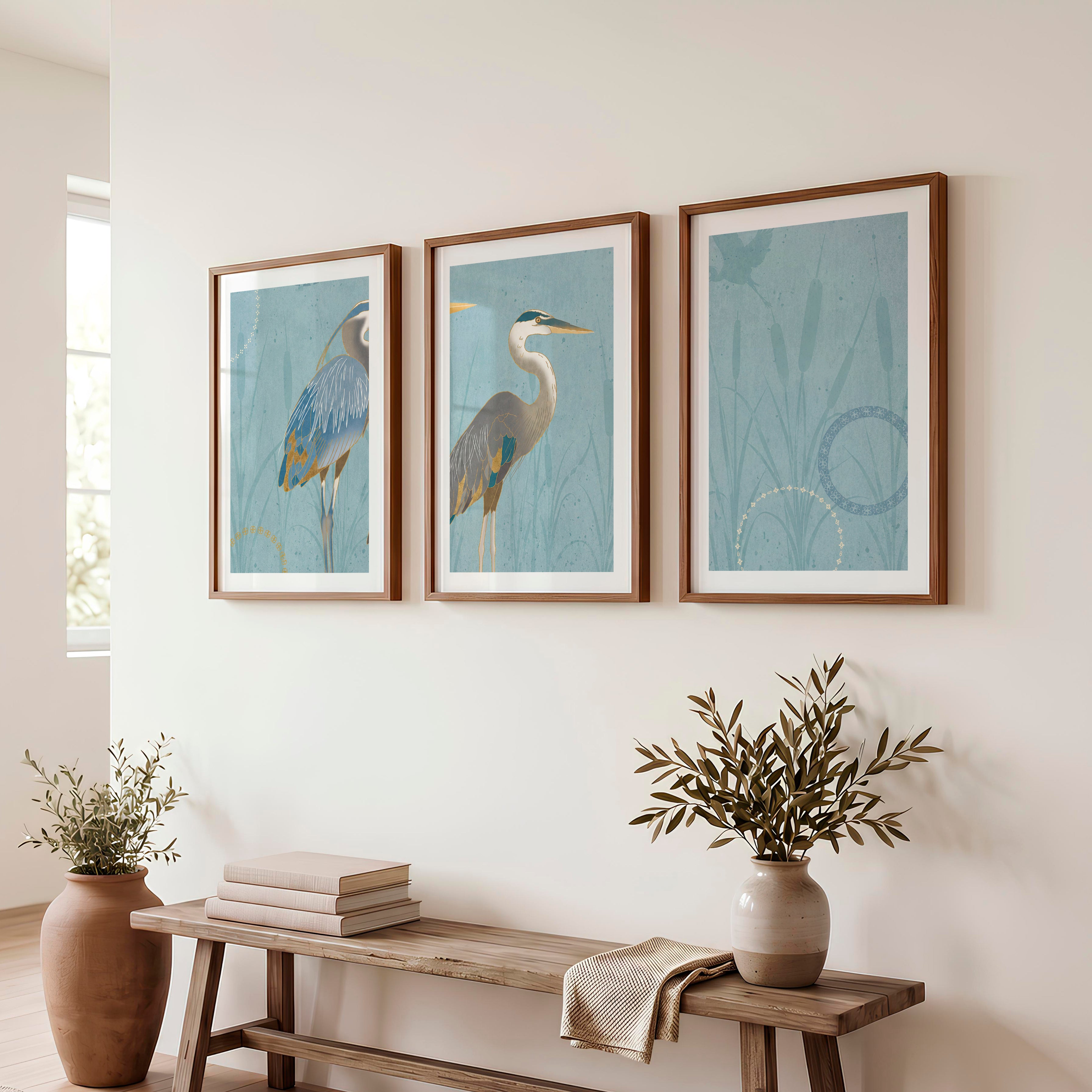 Japanese abstract art featuring flowing green waves triptych - Dark Brown Framed Poster with White Border - Artworksets