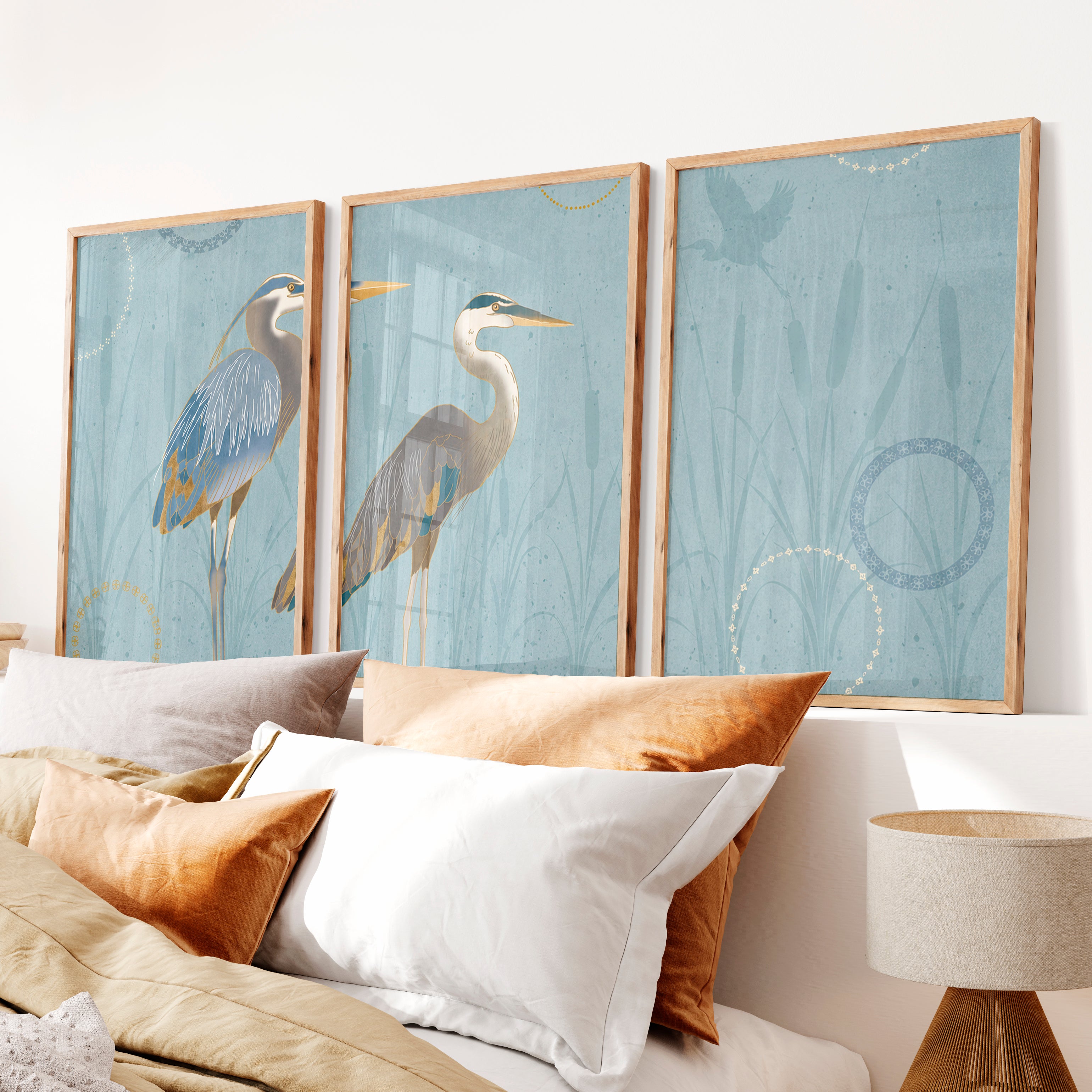 Japanese abstract art featuring flowing green waves triptych - Natural Wood Framed Poster No Border - Artworksets