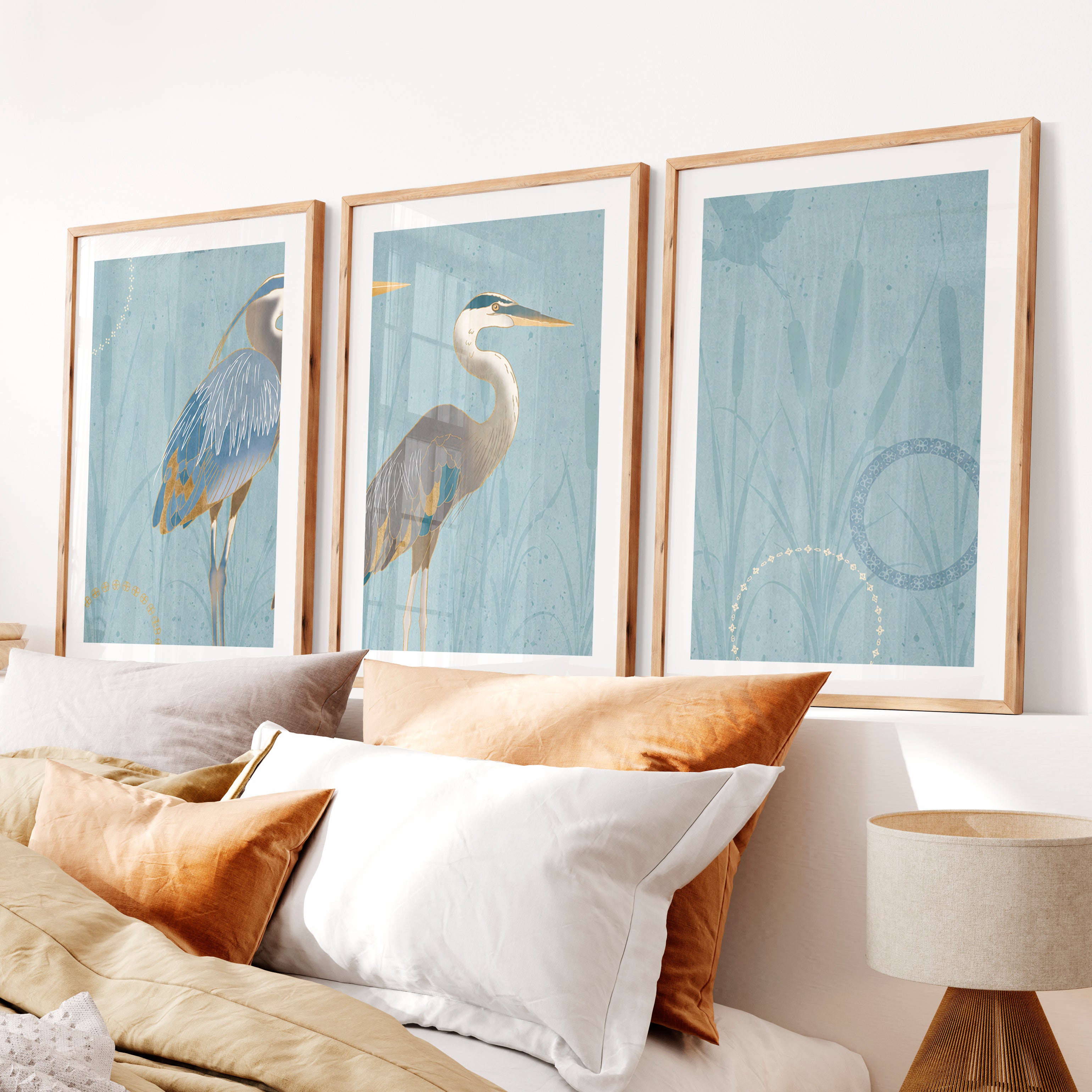 Japanese abstract art featuring flowing green waves triptych- Natural Wood Framed Poster with White Border - Artworksets