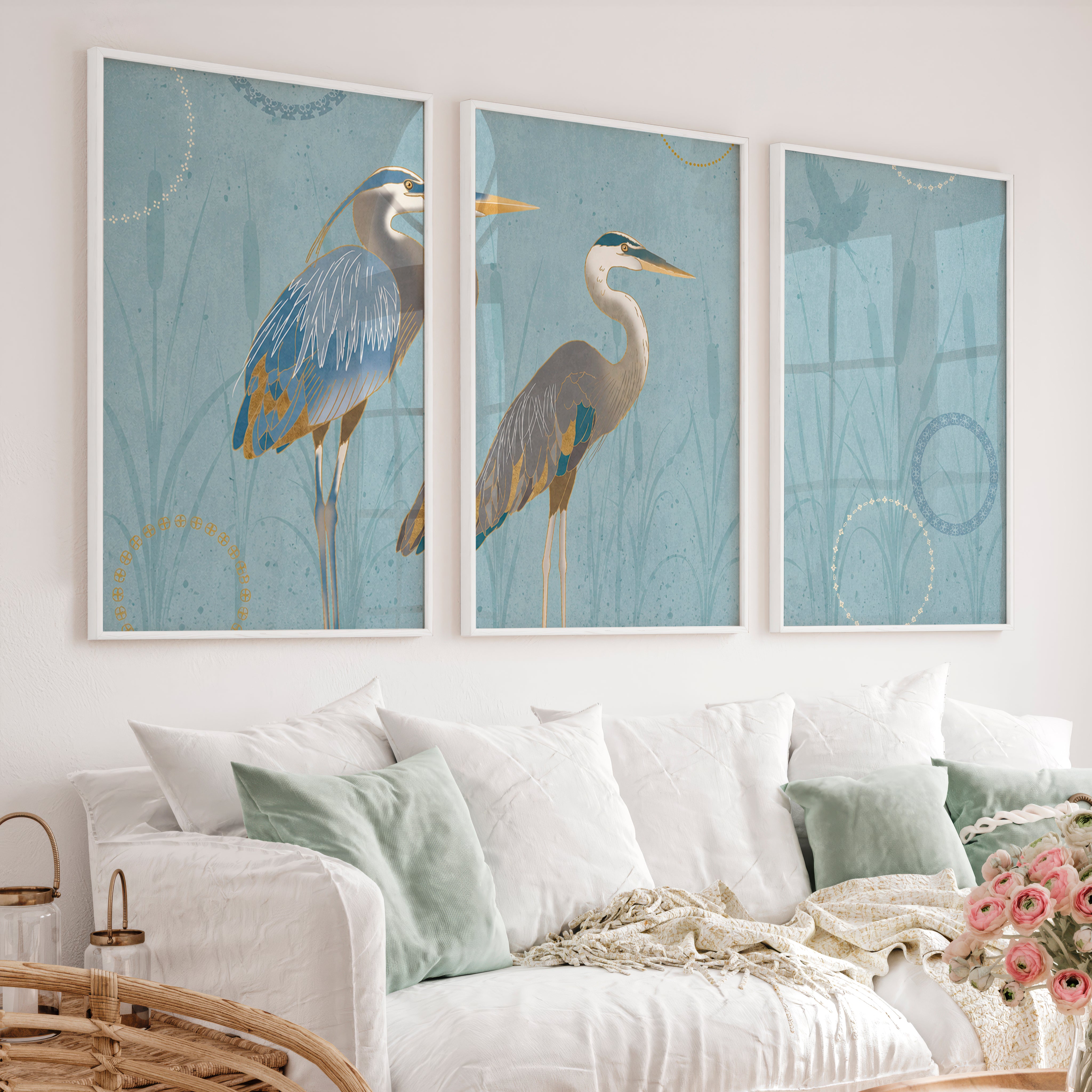 Japanese abstract art featuring flowing green waves triptych - White Framed Poster No Border - Artworksets
