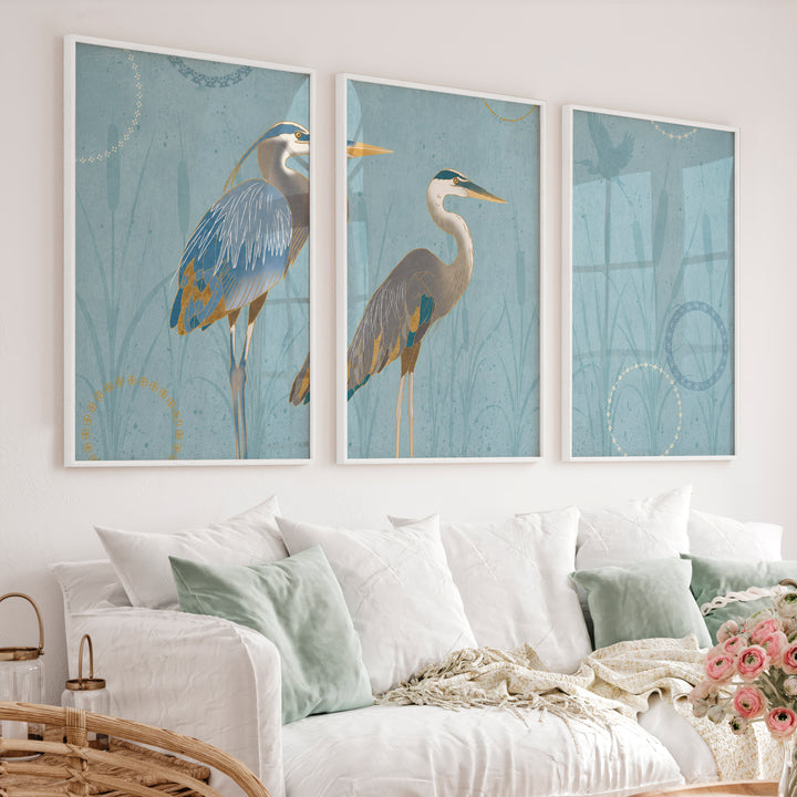 Japanese abstract art featuring flowing green waves triptych - White Framed Poster No Border - Artworksets