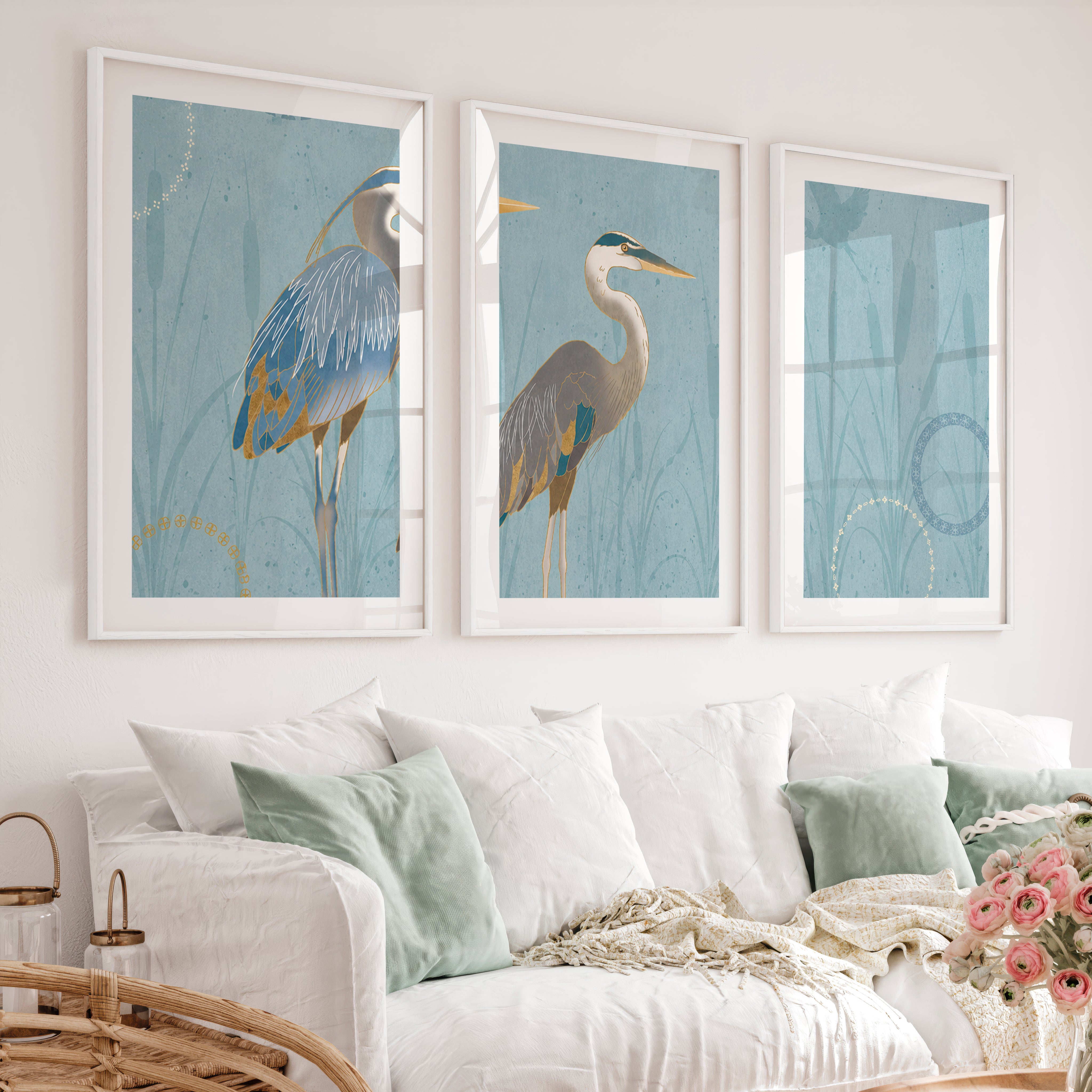 Japanese abstract art featuring flowing green waves triptych - White Framed Poster with White Border - Artworksets