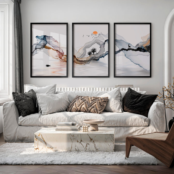 Japanese Abstract Art Featuring Layered Organic Landscape - Black Framed Poster No Border - Artworksets