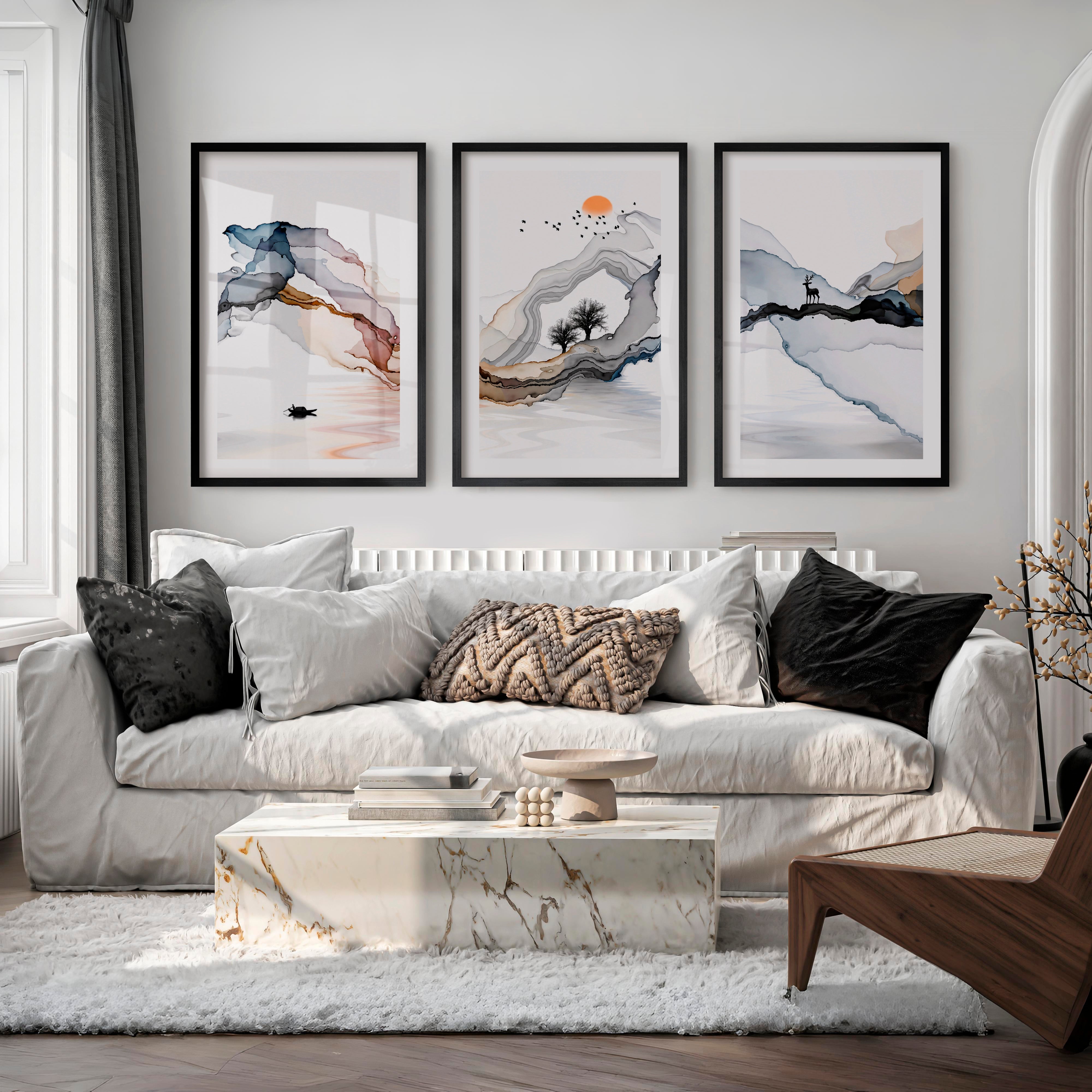 Japanese Abstract Art Featuring Layered Organic Landscape - Black Framed Poster with White Border - Artworksets