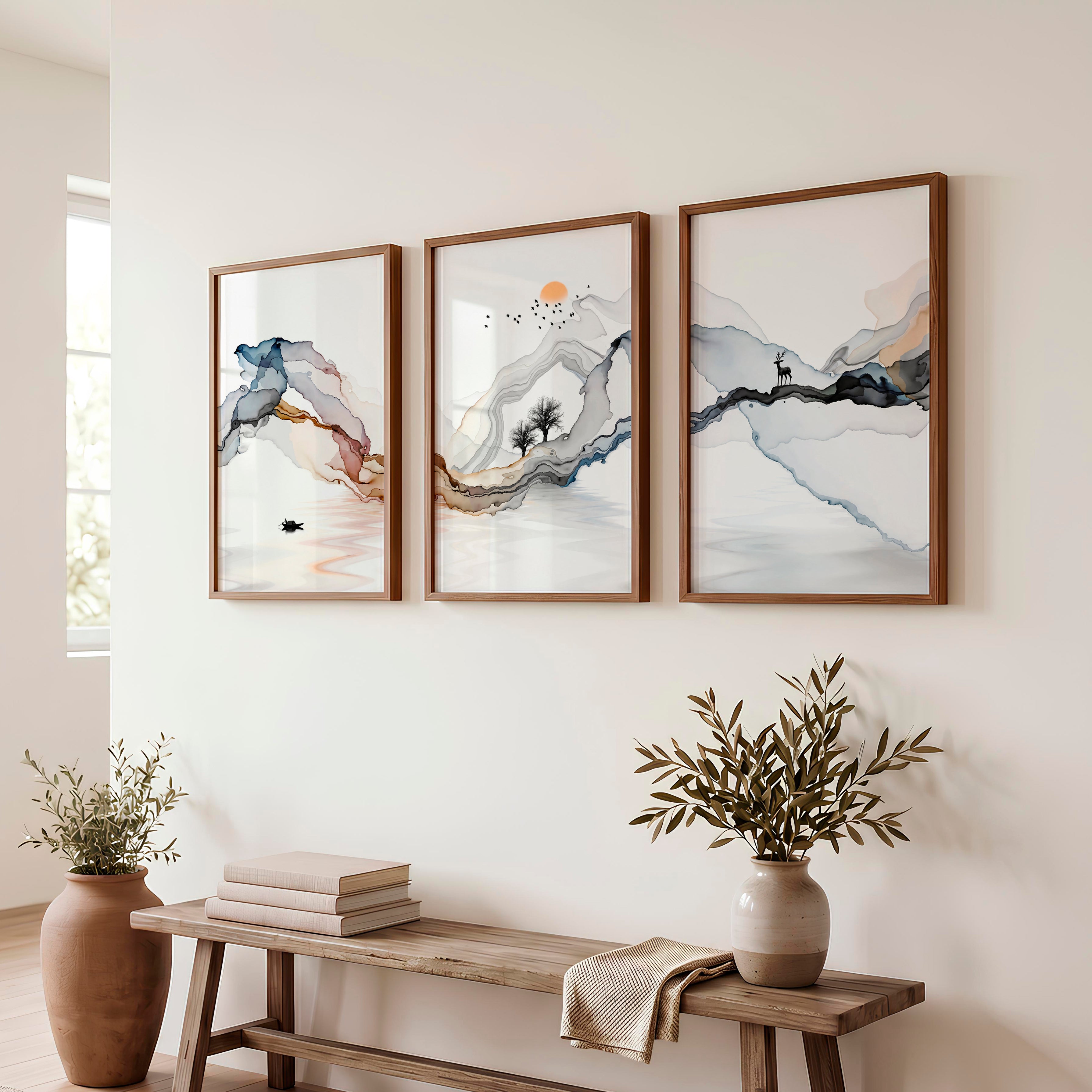 Japanese Abstract Art Featuring Layered Organic Landscape - Dark Brown Framed Poster No Border - Artworksets