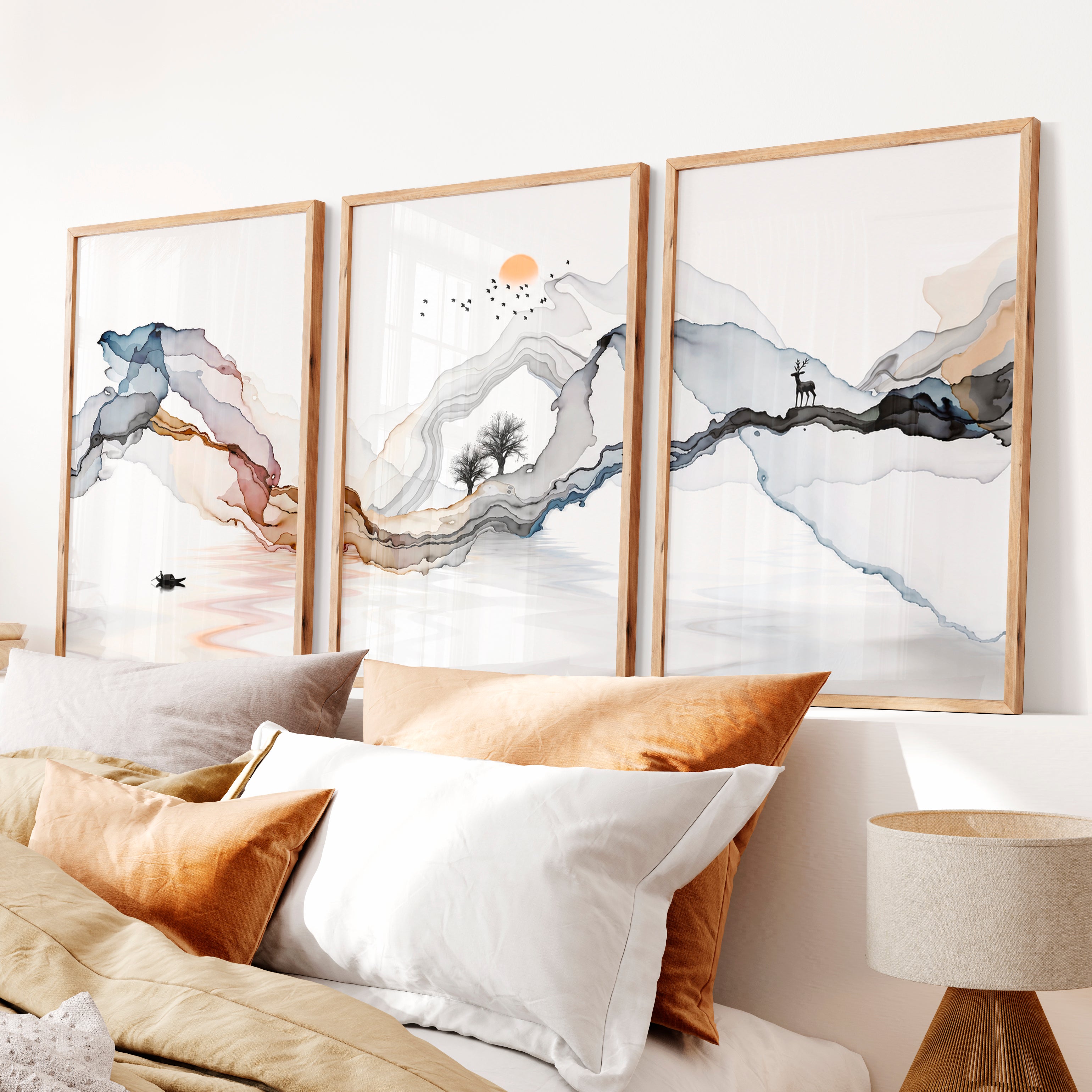 Japanese Abstract Art Featuring Layered Organic Landscape - Natural Wood Framed Poster No Border - Artworksets
