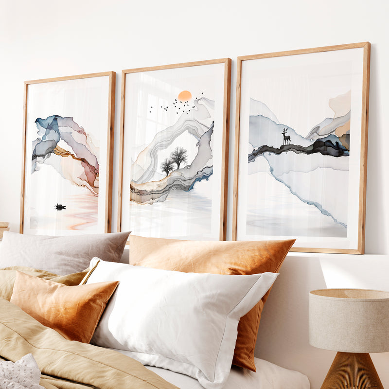 Japanese Abstract Art Featuring Layered Organic Landscape- Natural Wood Framed Poster with White Border - Artworksets