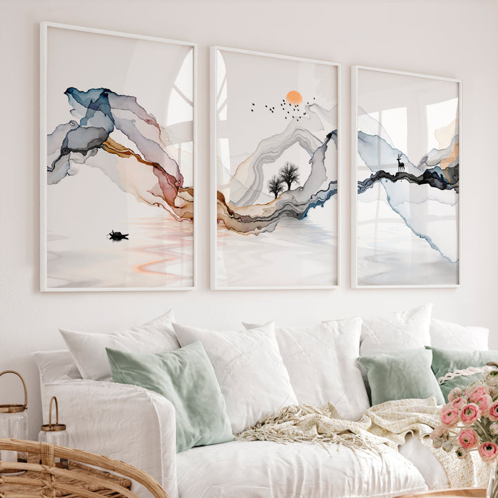 Japanese Abstract Art Featuring Layered Organic Landscape - White Framed Poster No Border - Artworksets