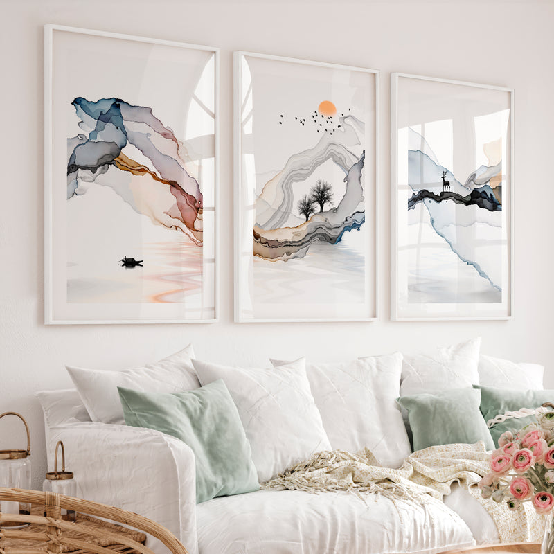 Japanese Abstract Art Featuring Layered Organic Landscape - White Framed Poster with White Border - Artworksets
