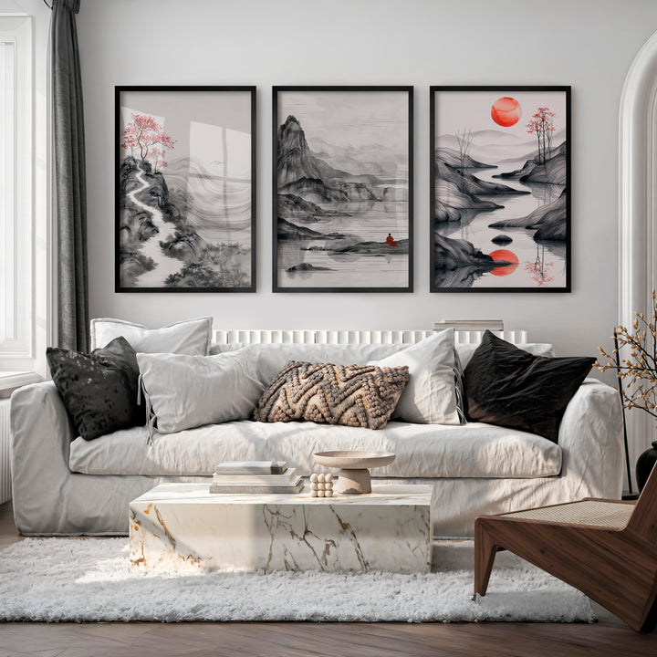 Japanese Abstract Art Featuring Torii Gate and Enso Circle - Black Framed Poster No Border - Artworksets