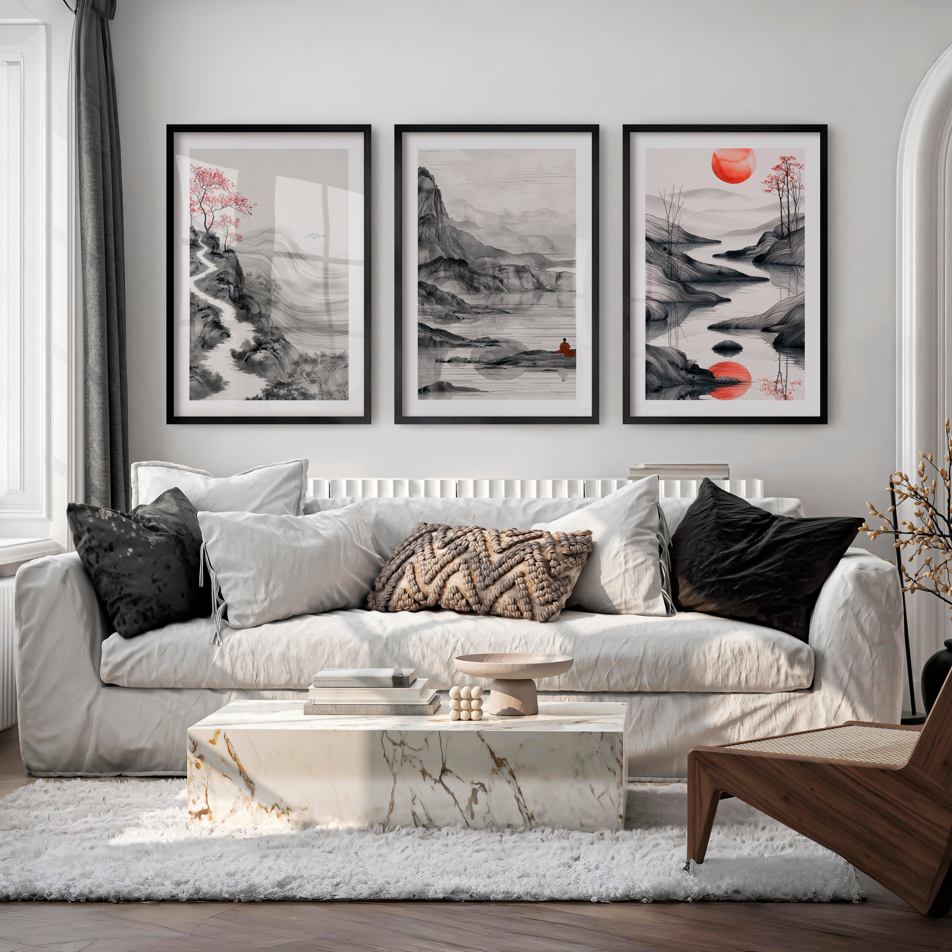 Japanese Abstract Art Featuring Torii Gate and Enso Circle - Black Framed Poster with White Border - Artworksets