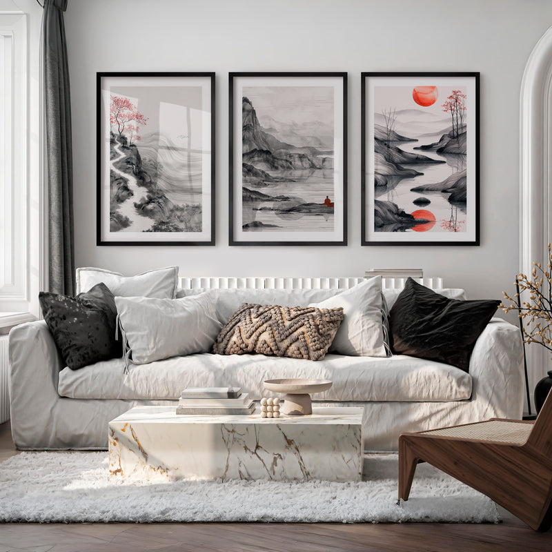 Japanese Abstract Art Featuring Torii Gate and Enso Circle - Black Framed Poster with White Border - Artworksets