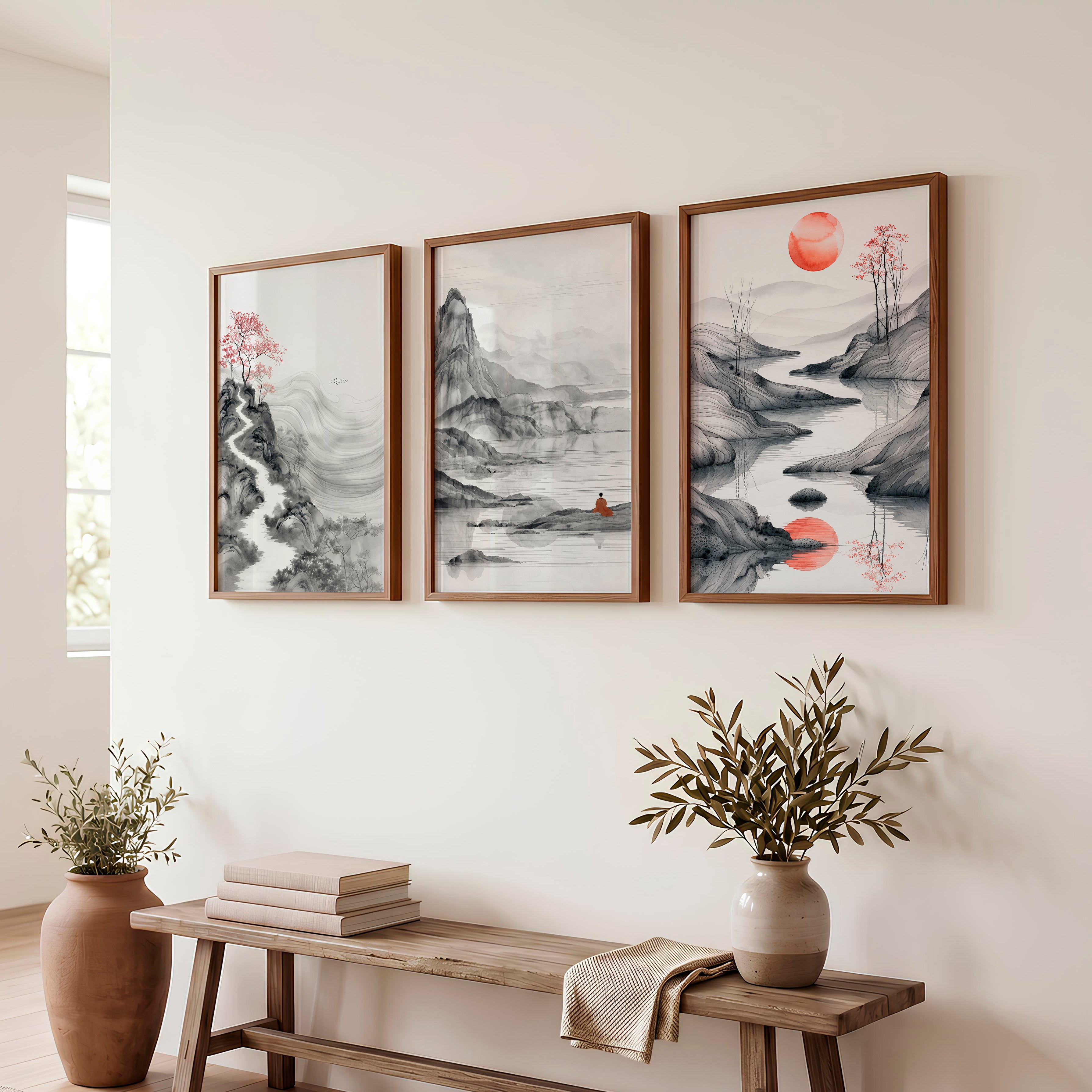 Japanese Abstract Art Featuring Torii Gate and Enso Circle - Dark Brown Framed Poster No Border - Artworksets