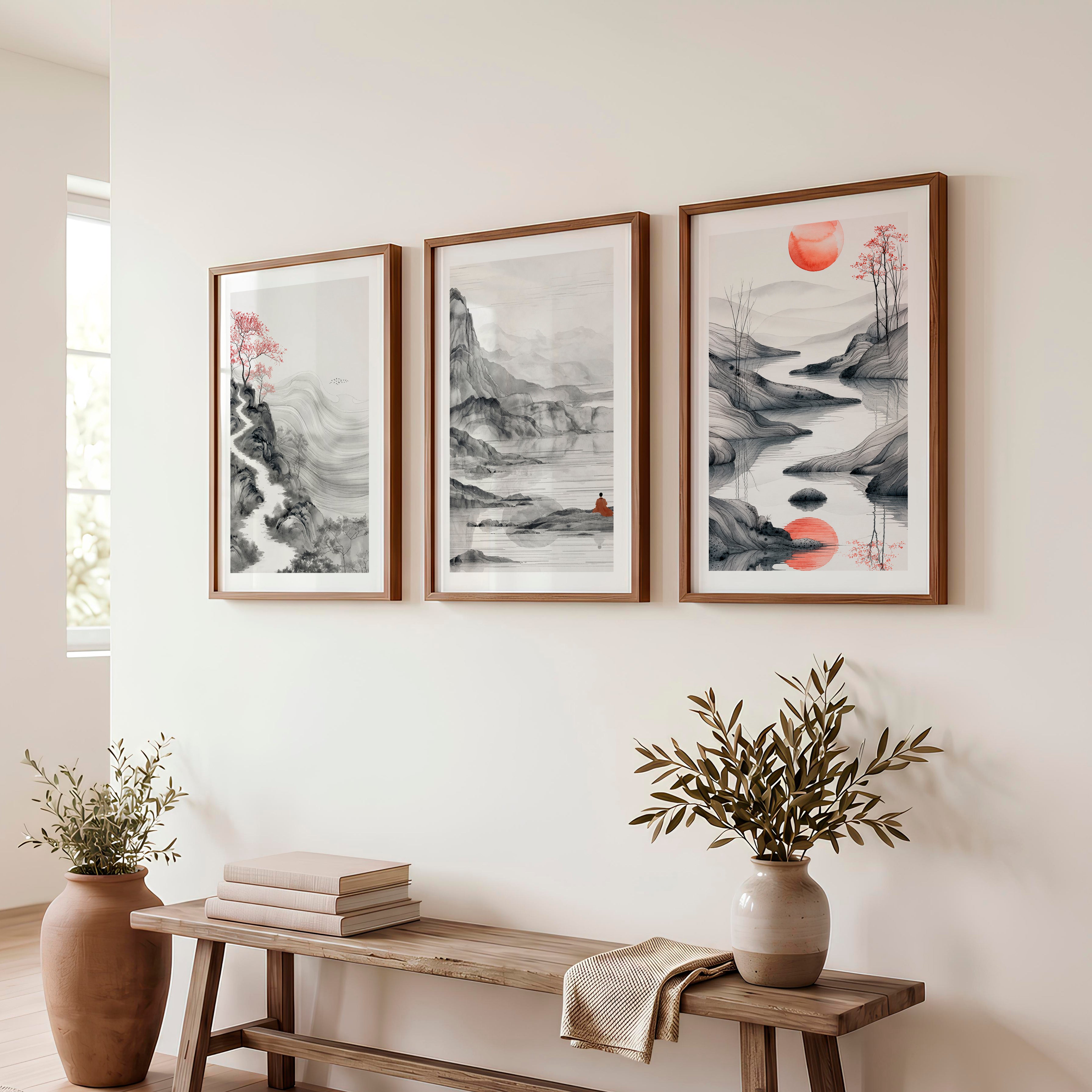 Japanese Abstract Art Featuring Torii Gate and Enso Circle - Dark Brown Framed Poster with White Border - Artworksets