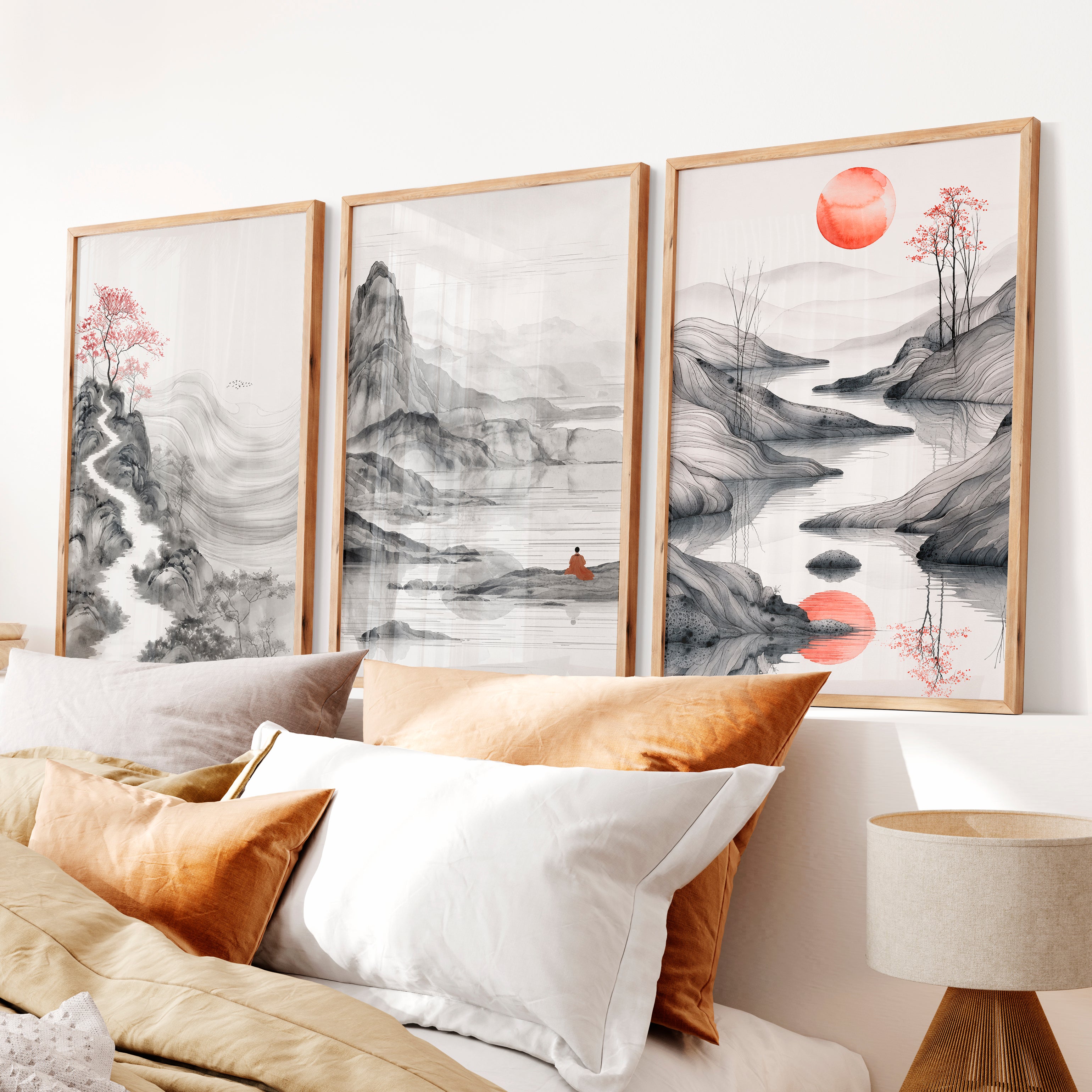 Japanese Abstract Art Featuring Torii Gate and Enso Circle - Natural Wood Framed Poster No Border - Artworksets