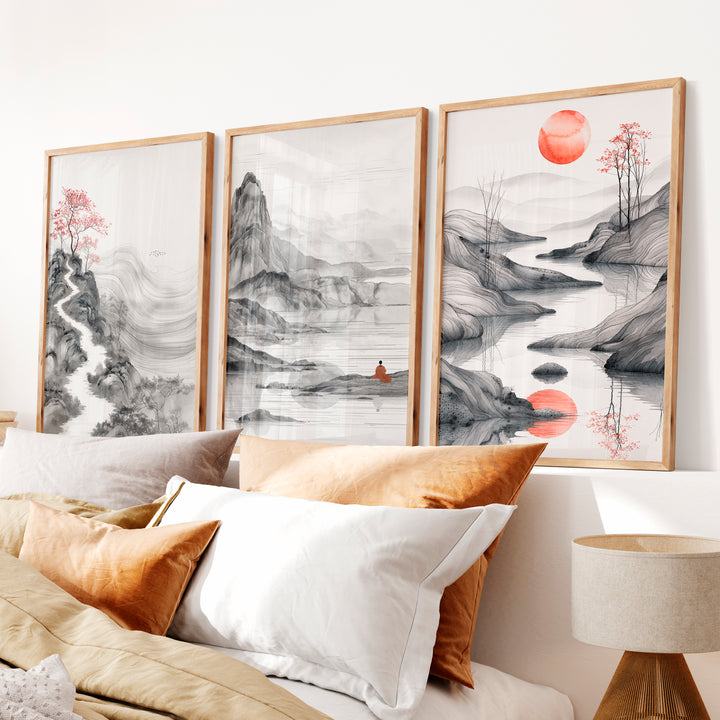 Japanese Abstract Art Featuring Torii Gate and Enso Circle - Natural Wood Framed Poster No Border - Artworksets