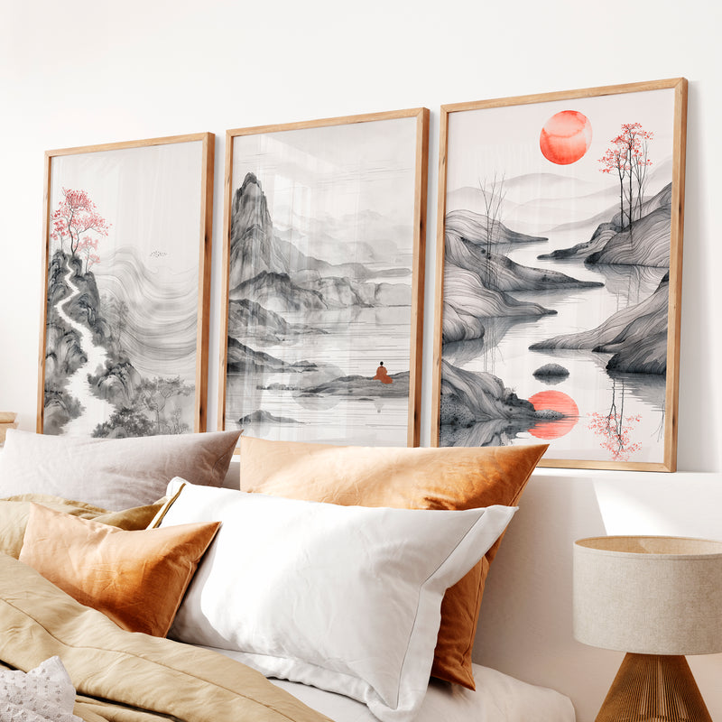 Japanese Abstract Art Featuring Torii Gate and Enso Circle - Natural Wood Framed Poster No Border - Artworksets