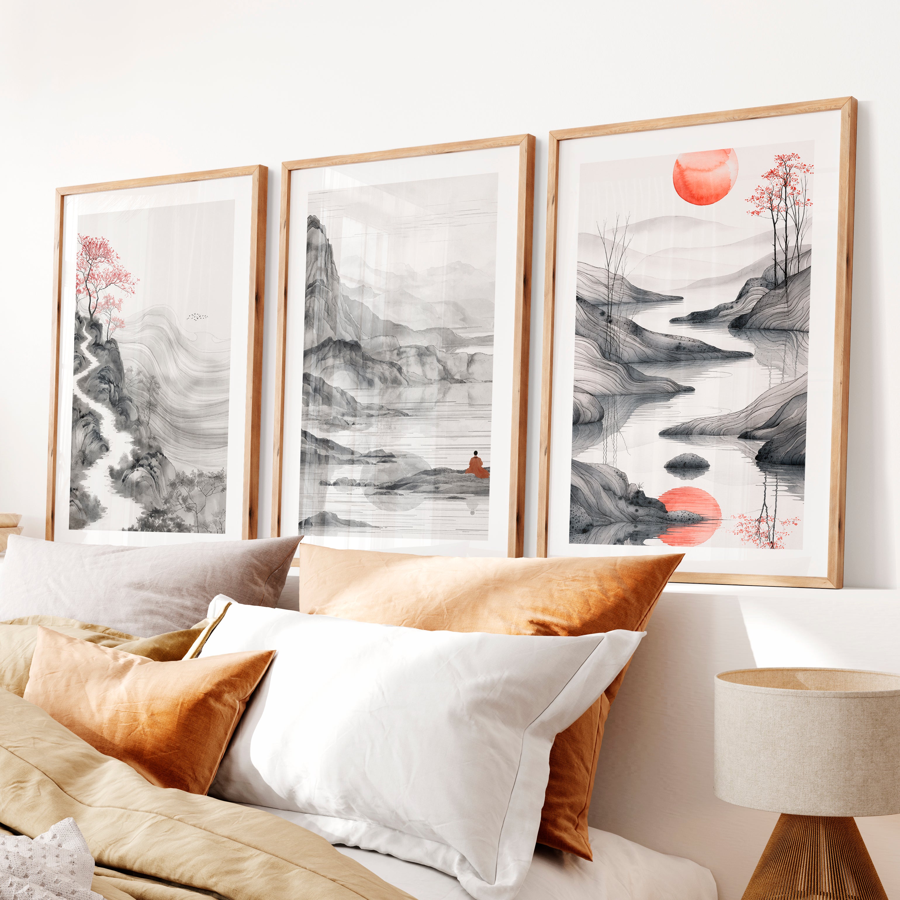 Japanese Abstract Art Featuring Torii Gate and Enso Circle- Natural Wood Framed Poster with White Border - Artworksets