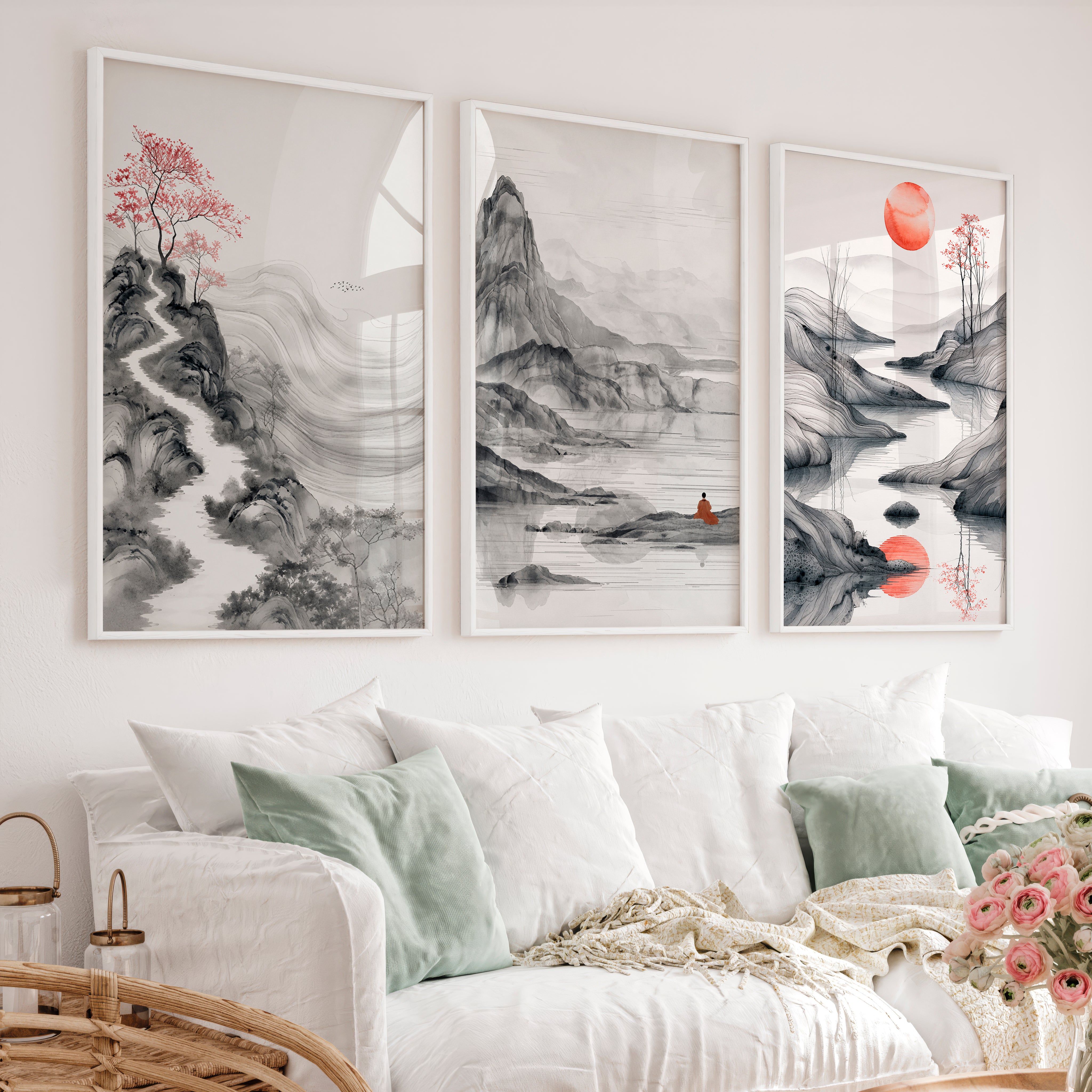 Japanese Abstract Art Featuring Torii Gate and Enso Circle - White Framed Poster No Border - Artworksets