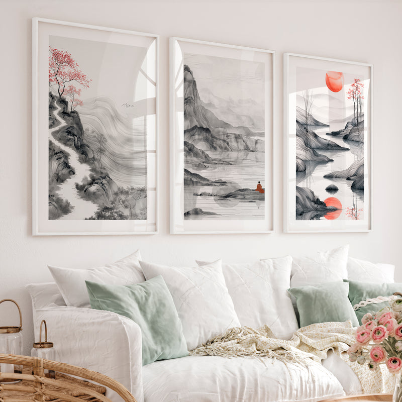 Japanese Abstract Art Featuring Torii Gate and Enso Circle - White Framed Poster with White Border - Artworksets