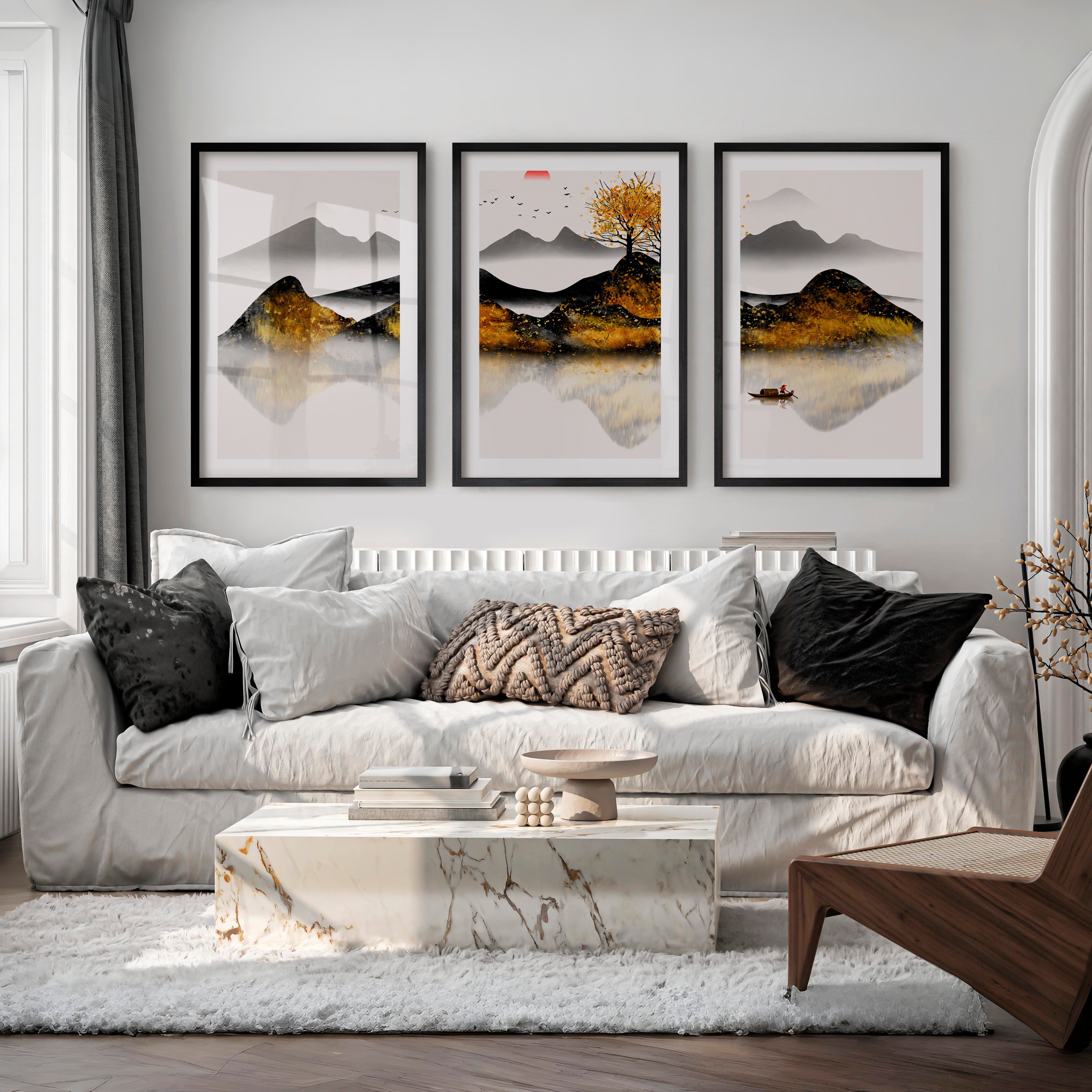 Japanese Abstract Art Featuring Vase and Leaf Forms - Black Framed Poster with White Border - Artworksets