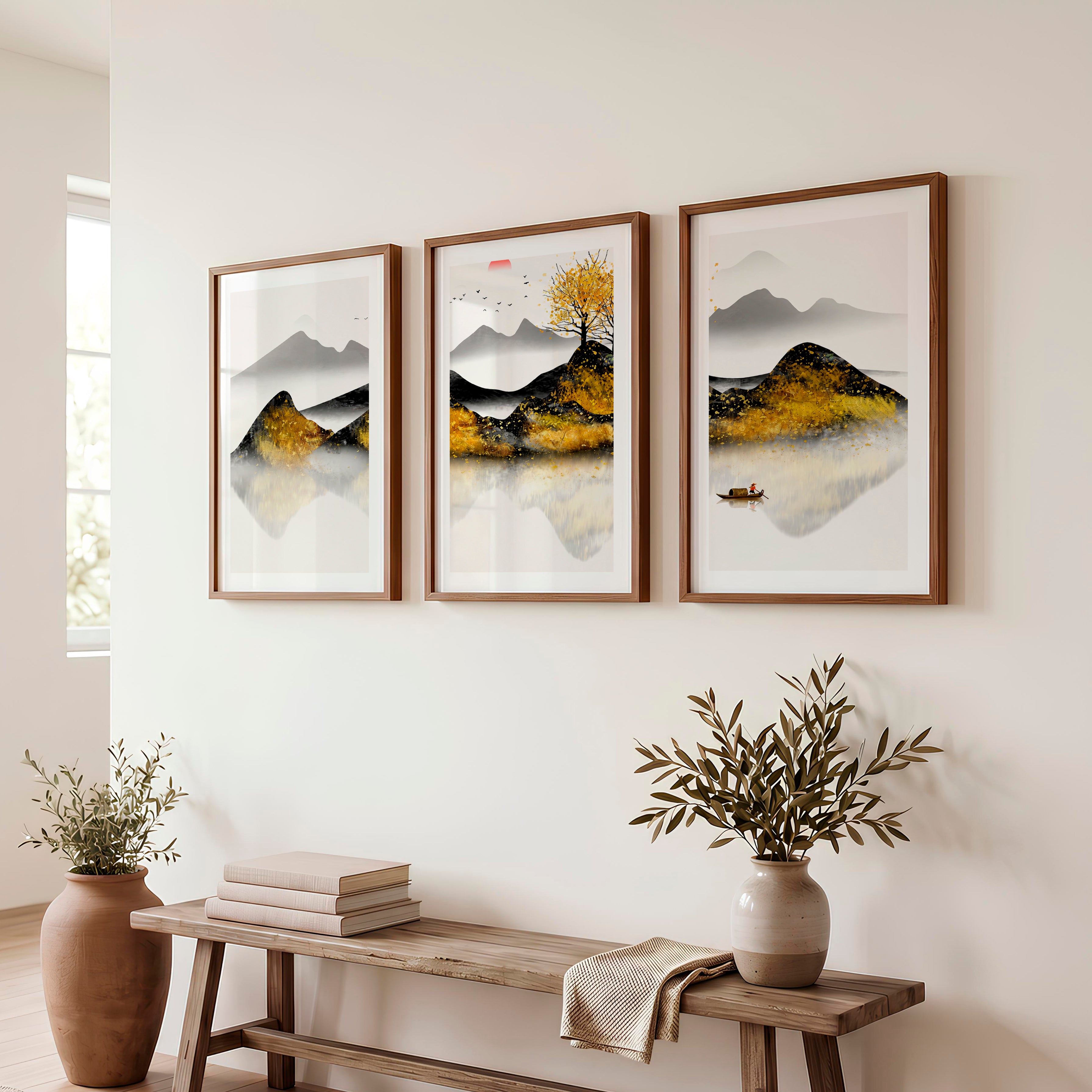 Japanese Abstract Art Featuring Vase and Leaf Forms - Dark Brown Framed Poster with White Border - Artworksets