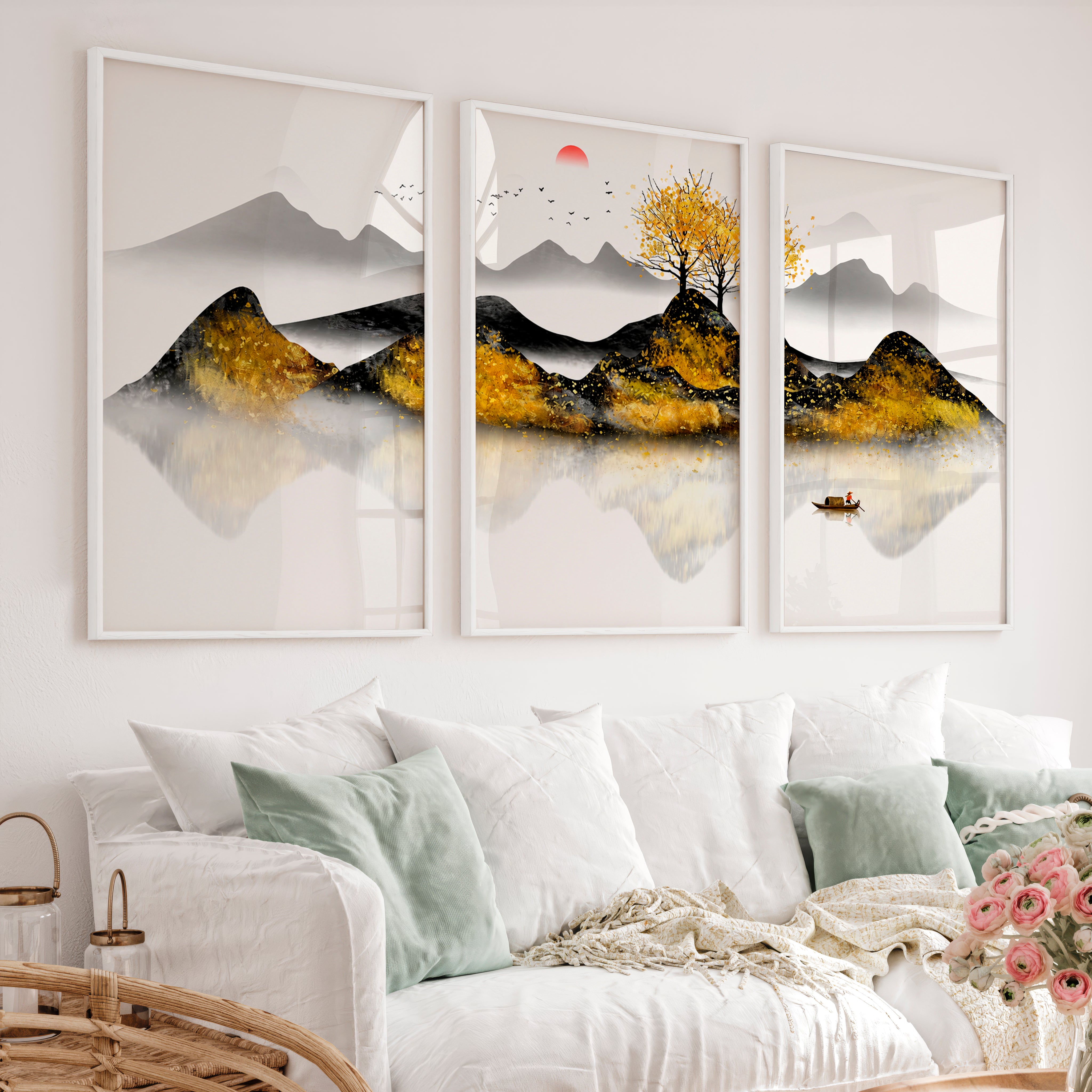 Japanese Abstract Art Featuring Vase and Leaf Forms - White Framed Poster No Border - Artworksets