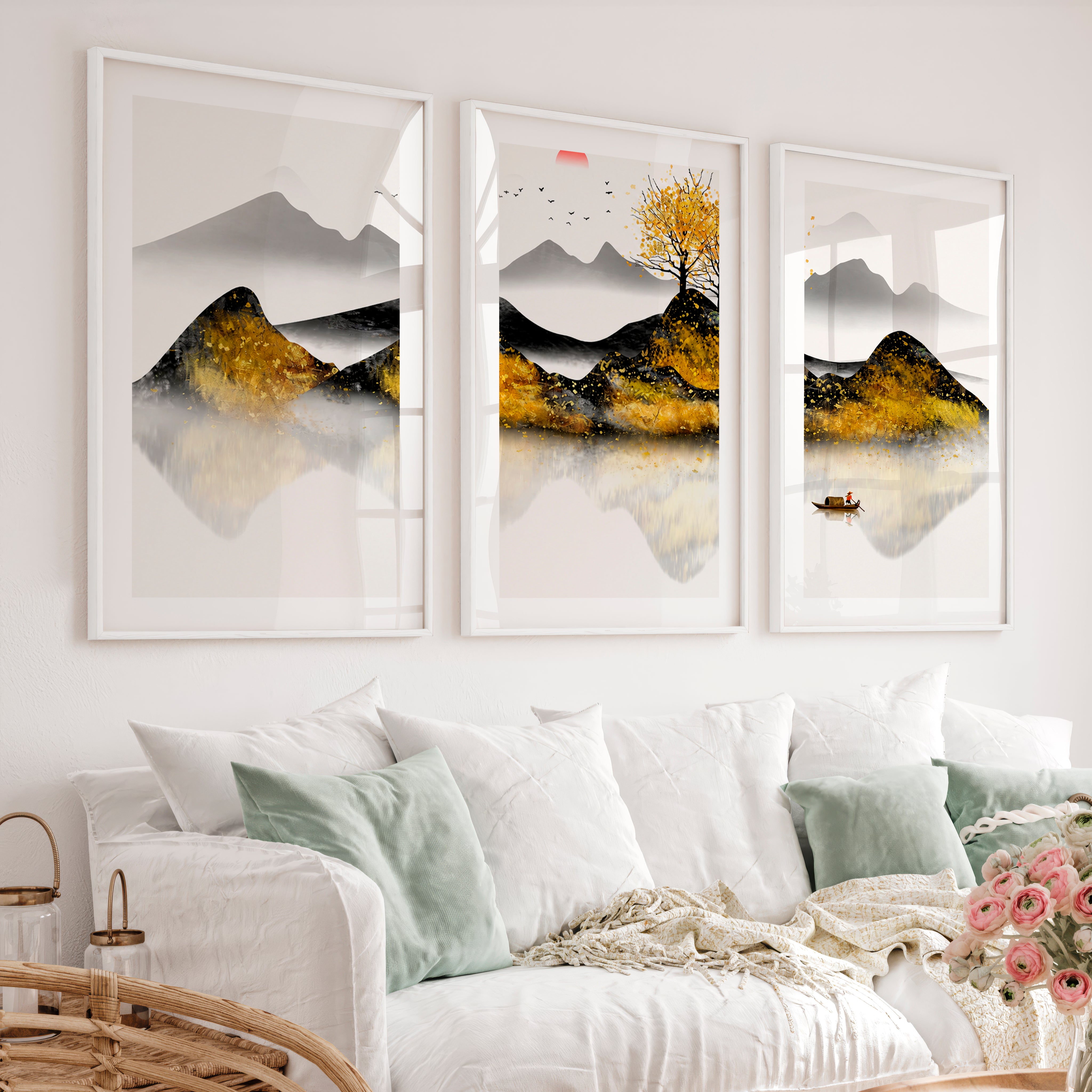 Japanese Abstract Art Featuring Vase and Leaf Forms - White Framed Poster with White Border - Artworksets