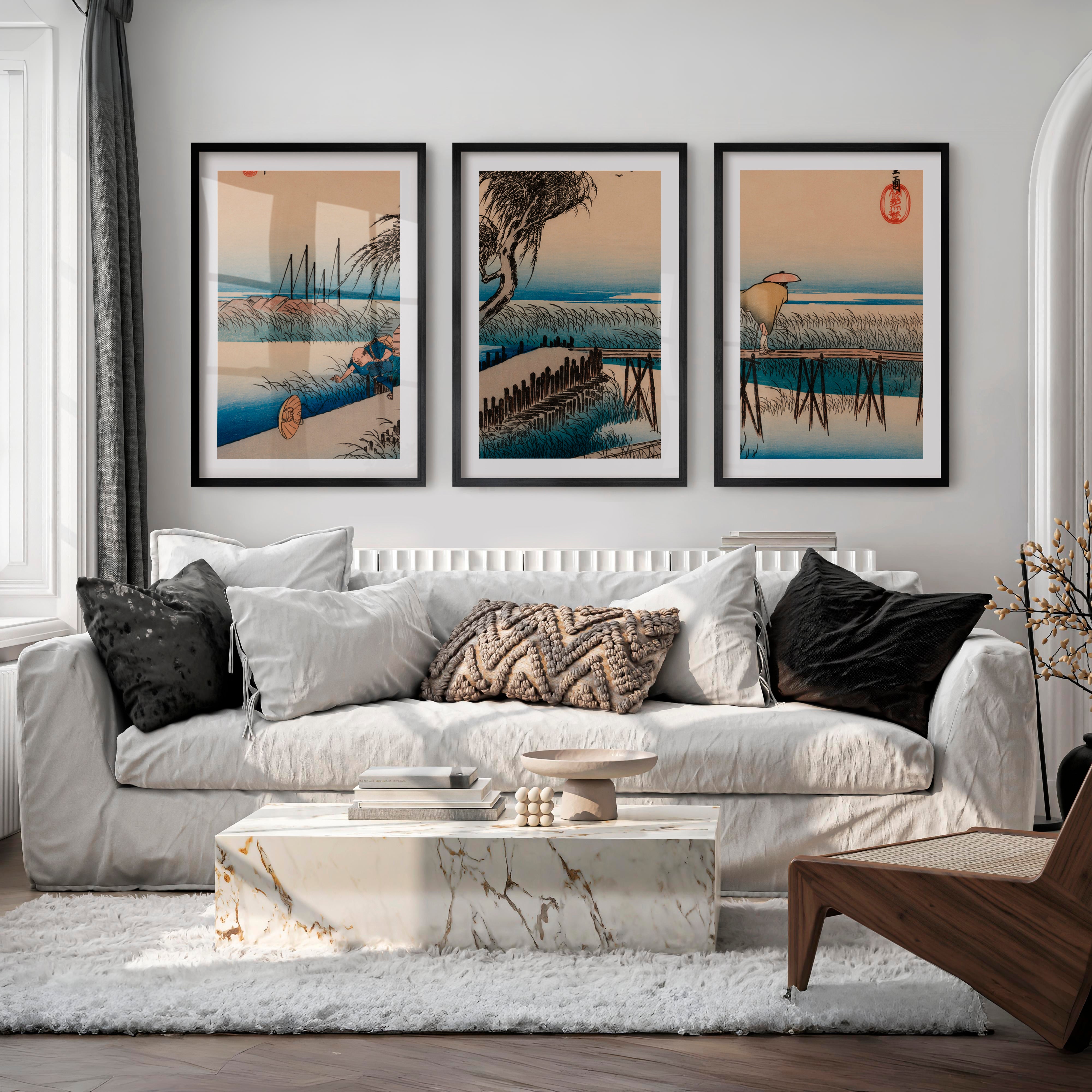 Japanese Abstract Art Featuring Vertical Rectangles and Black Shapes - Black Framed Poster with White Border - Artworksets