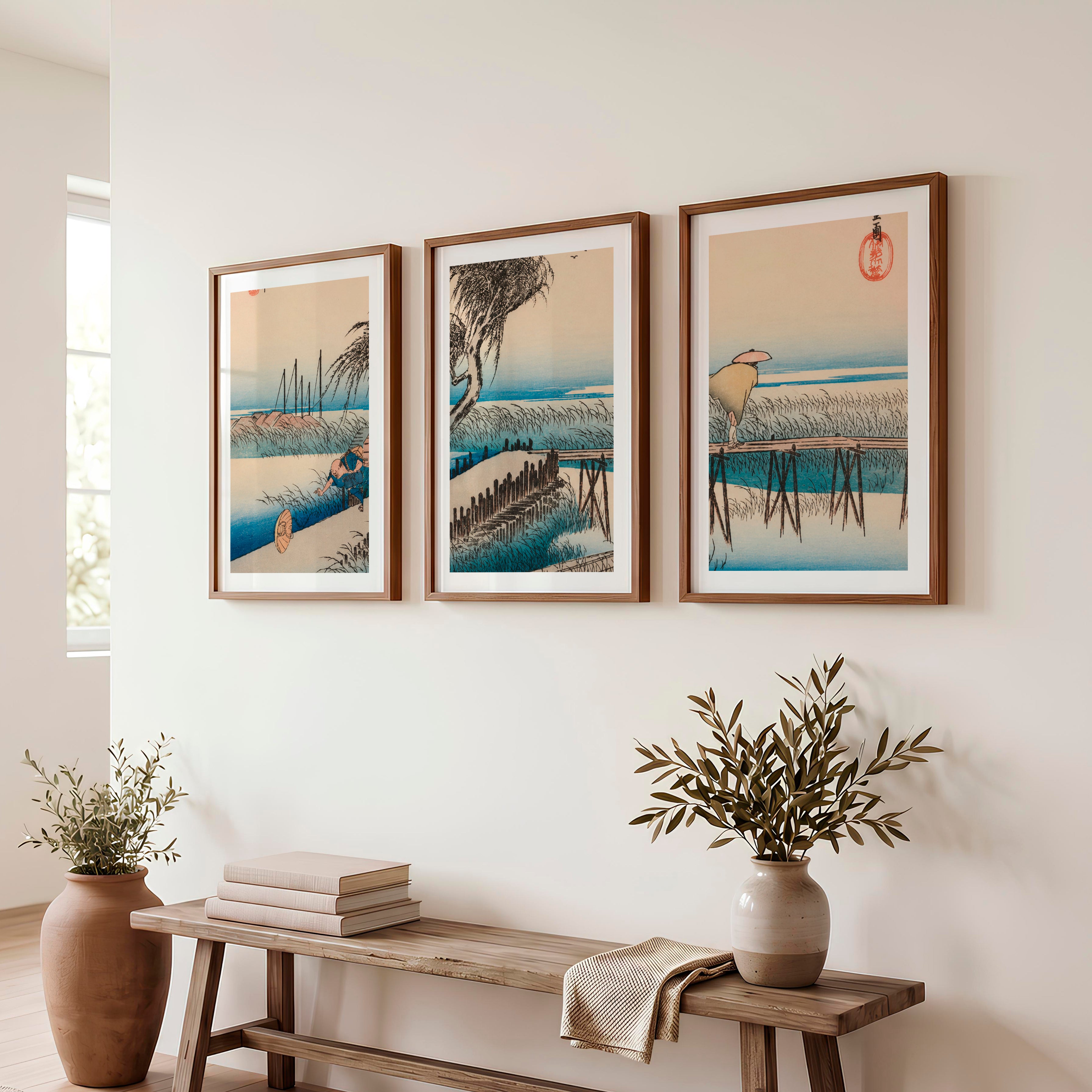 Japanese Abstract Art Featuring Vertical Rectangles and Black Shapes - Dark Brown Framed Poster with White Border - Artworksets