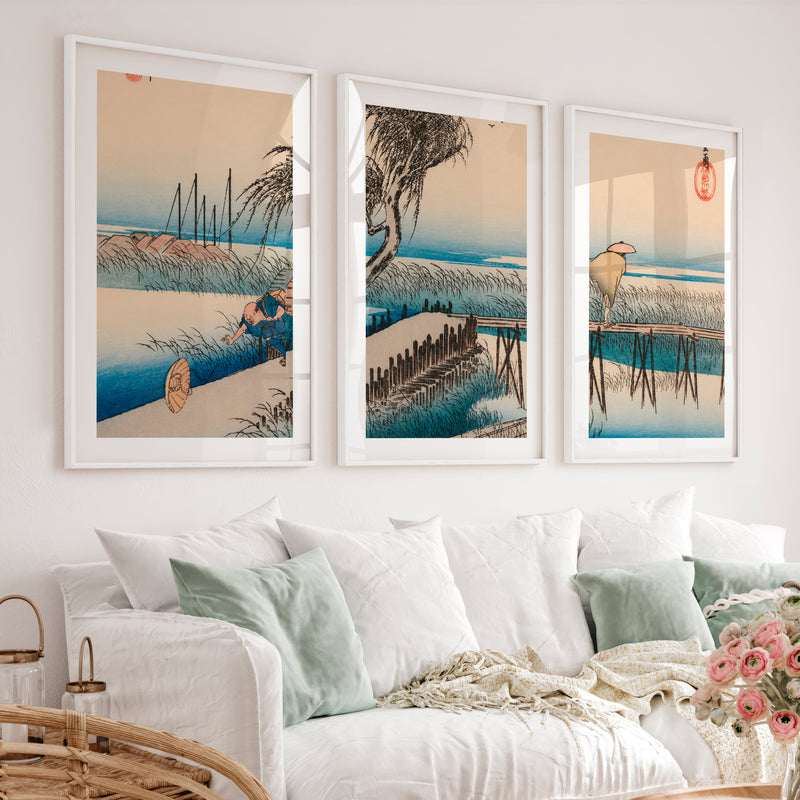 Japanese Abstract Art Featuring Vertical Rectangles and Black Shapes - White Framed Poster with White Border - Artworksets