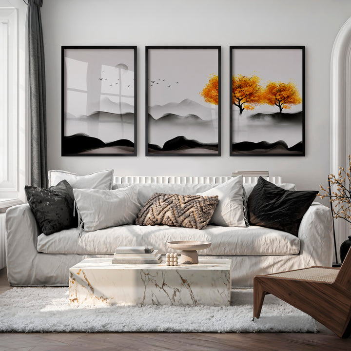 Japanese Abstract Art Featuring Layered Wave Forms Triptych - Black Framed Poster No Border - Artworksets